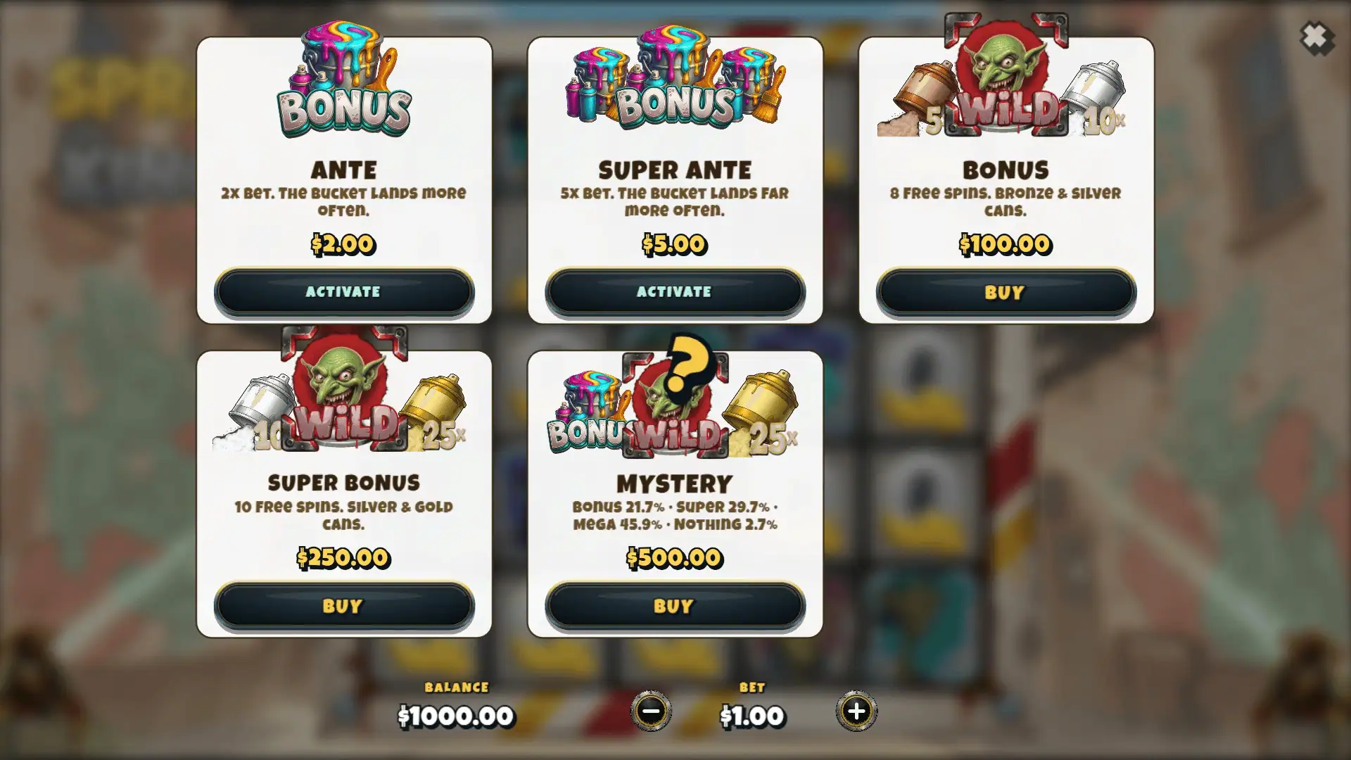 Spray Kings bonus buy menu