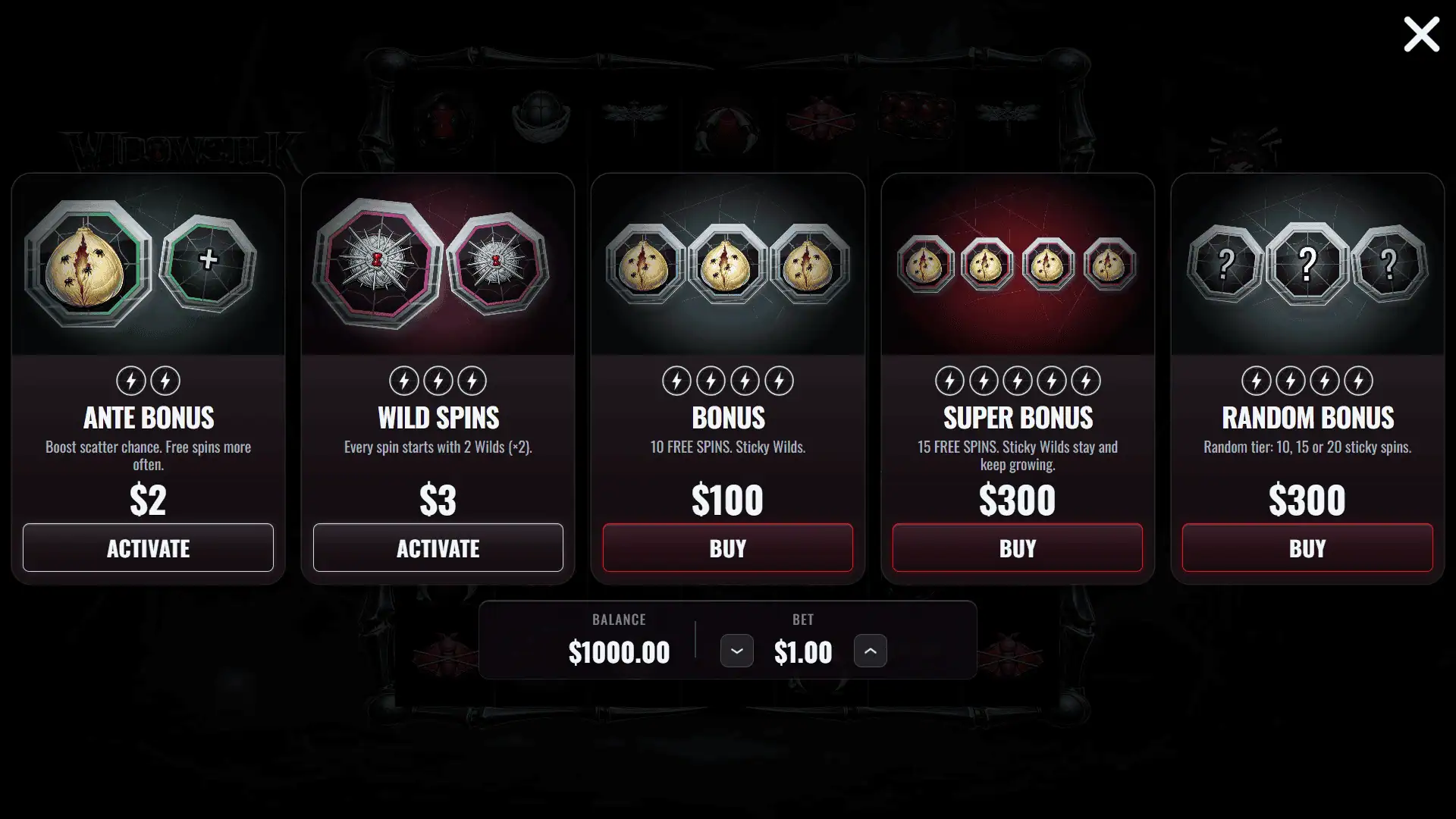 Widowsilk bonus buy menu
