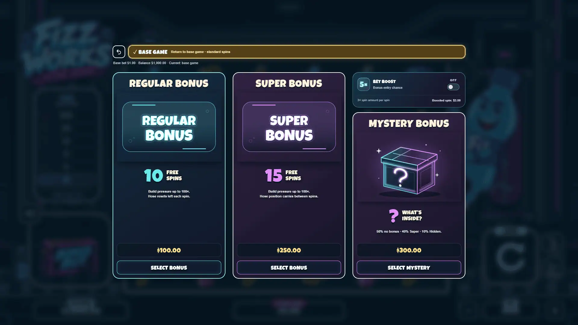 Fizzworks: After Hours bonus buy menu