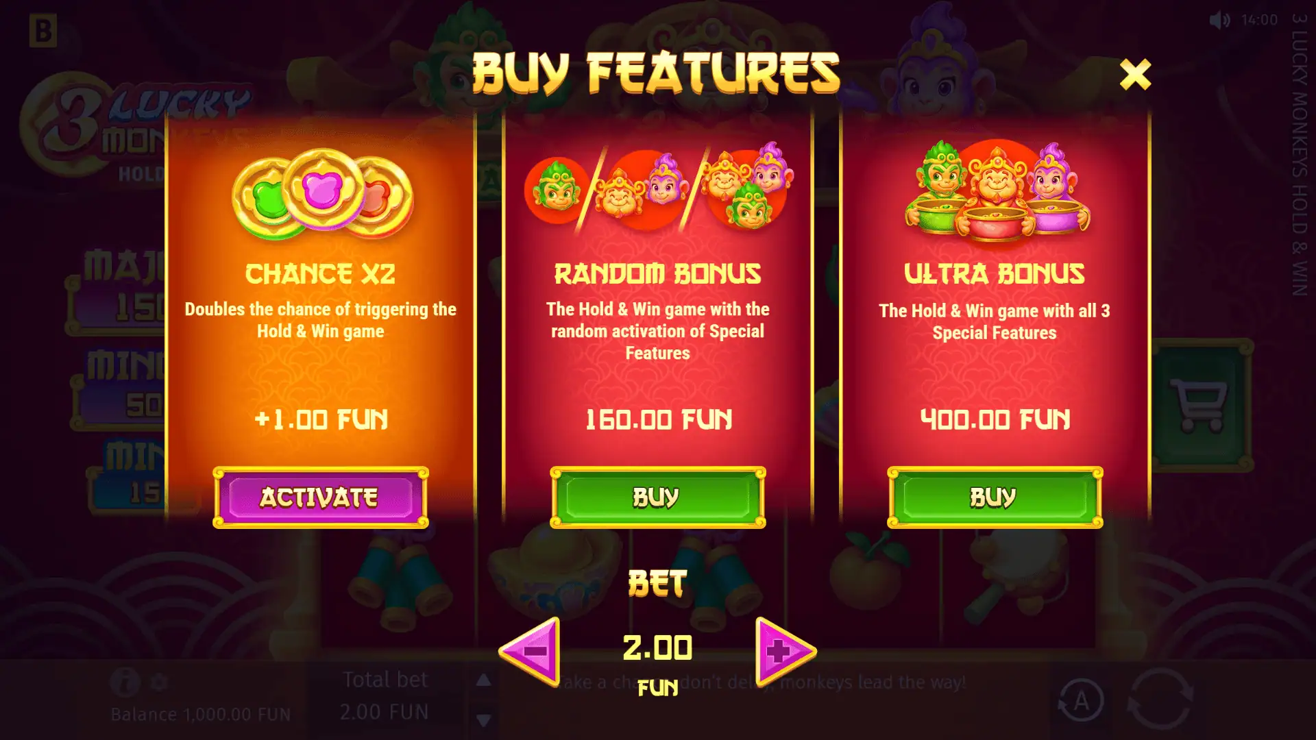 3 Lucky Monkeys bonus buy menu