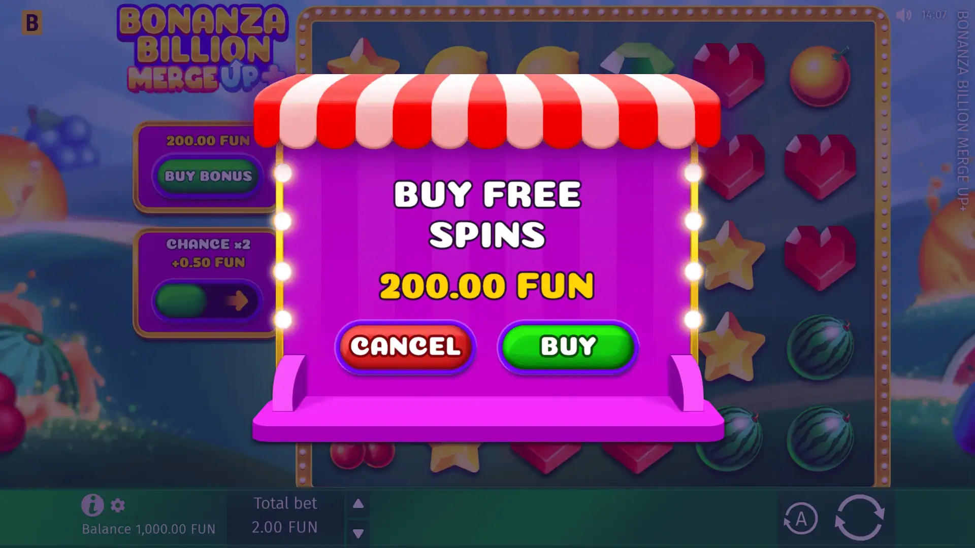 Bonanza Billion Merge Up bonus buy menu