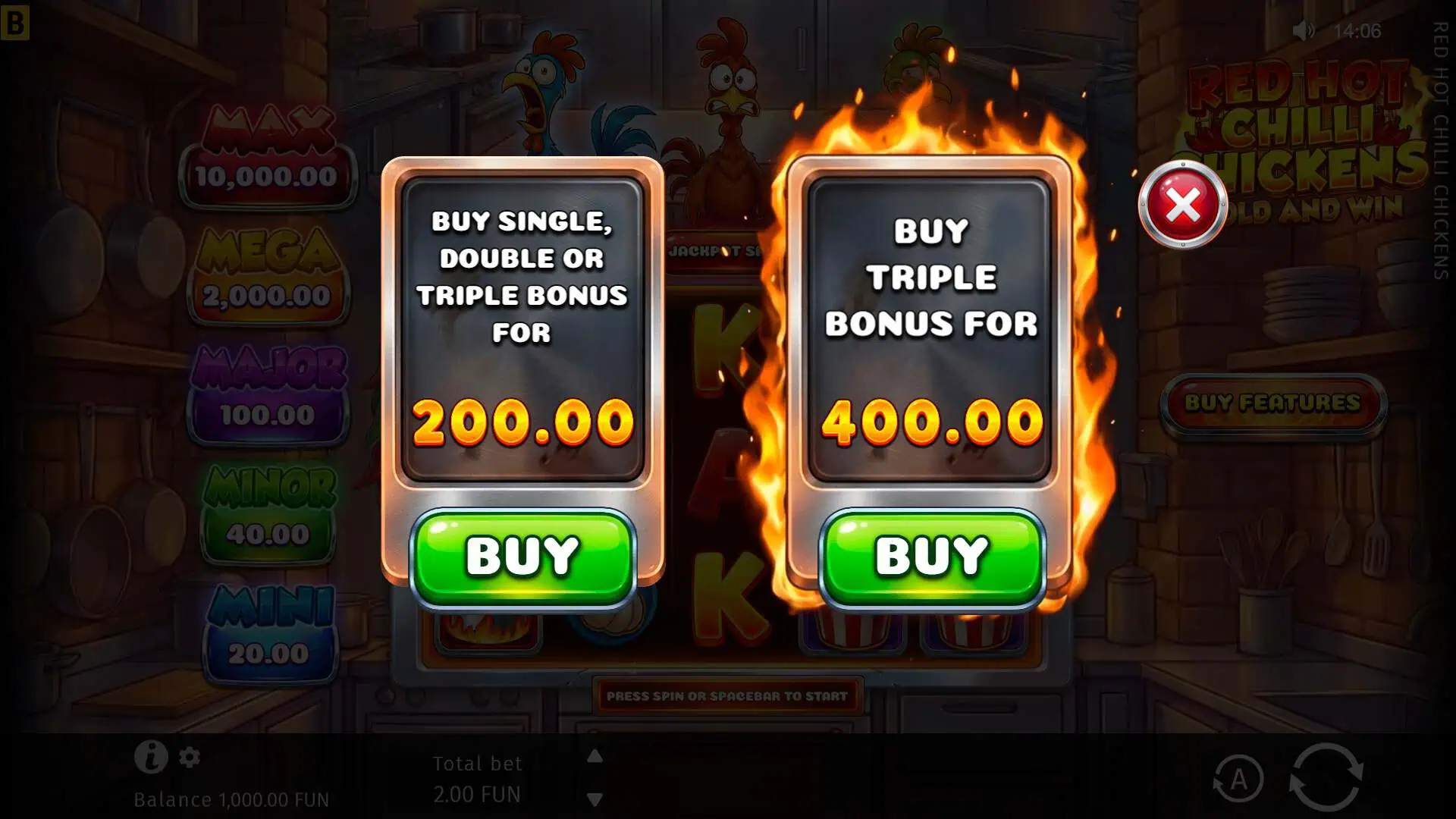 Red Hot Chilli Chickens bonus buy menu