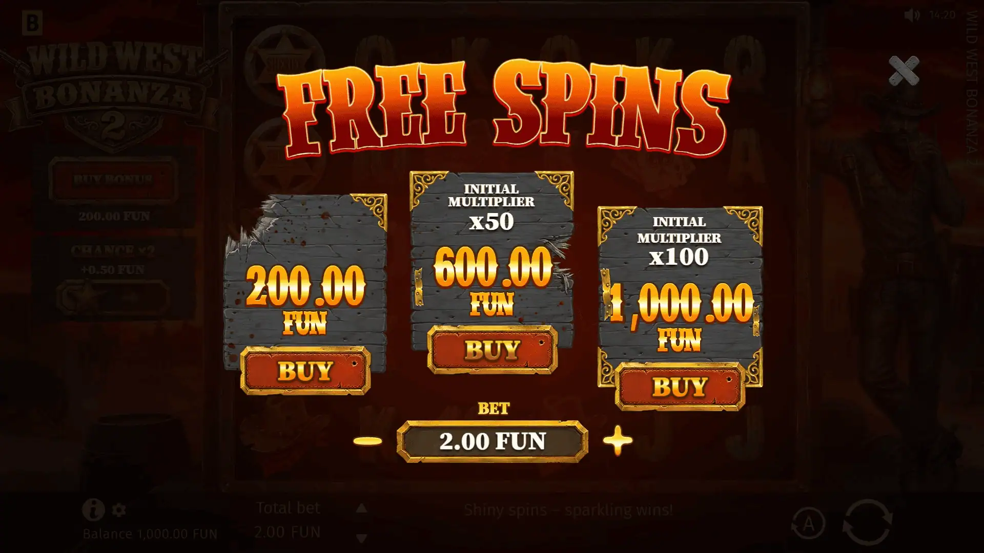 Wild West Bonanza 2 bonus buy menu
