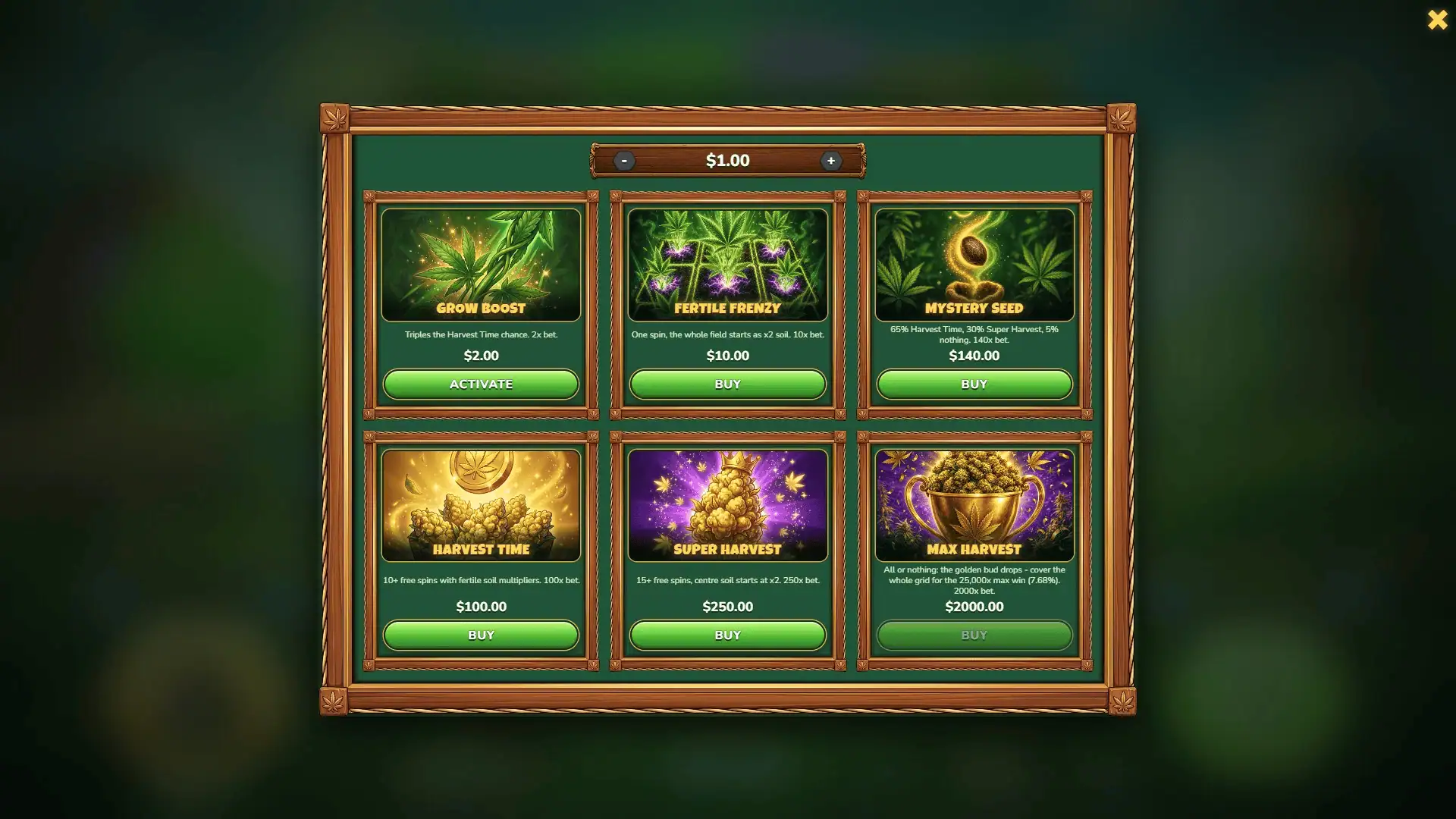 Ganja Farm bonus buy menu