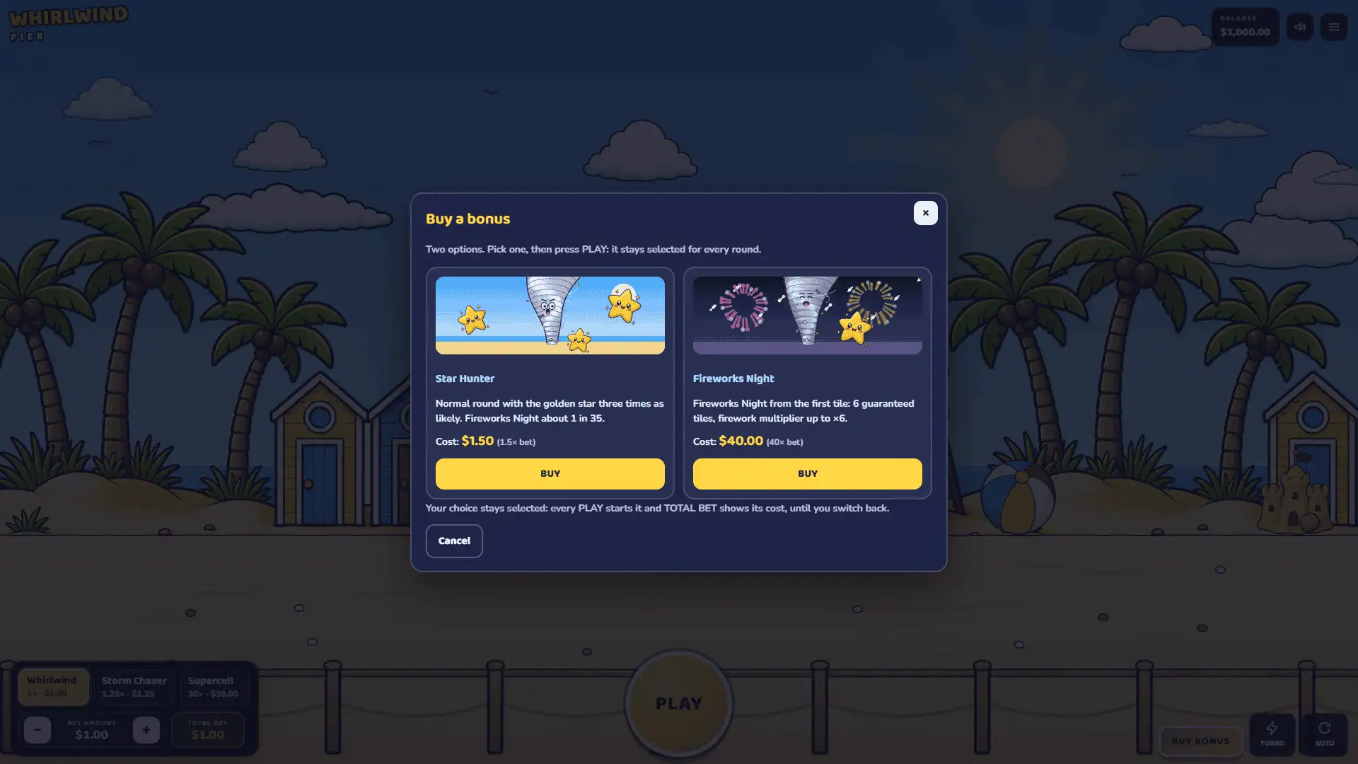 Whirlwind Pier bonus buy menu