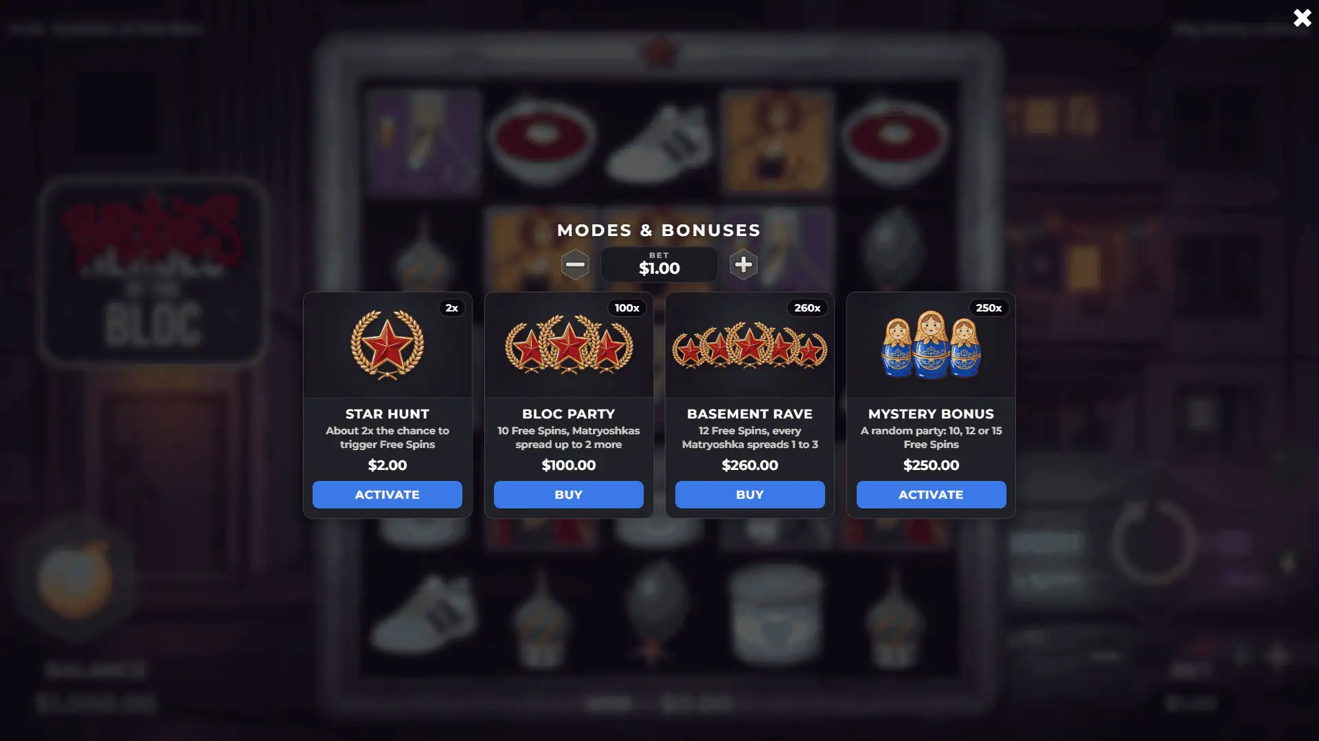 Baddies of the Bloc bonus buy menu