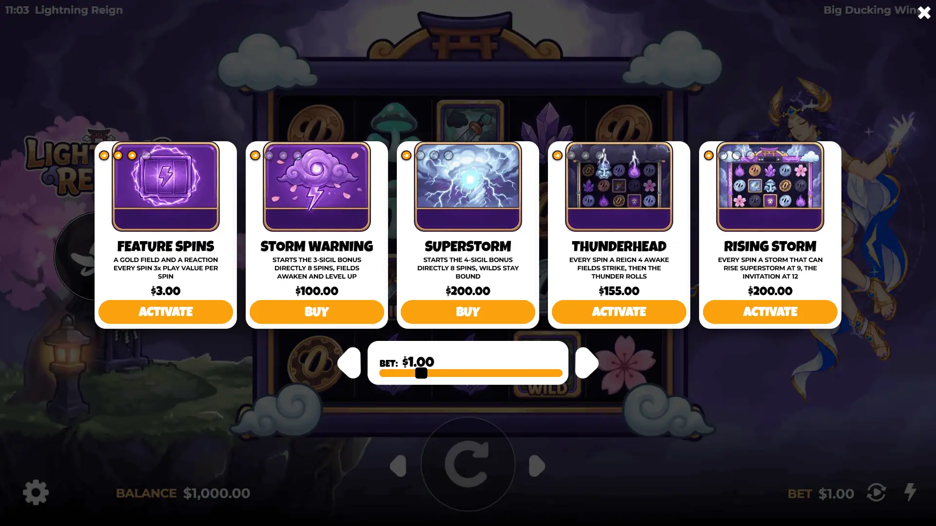 Lightning Reign bonus buy menu