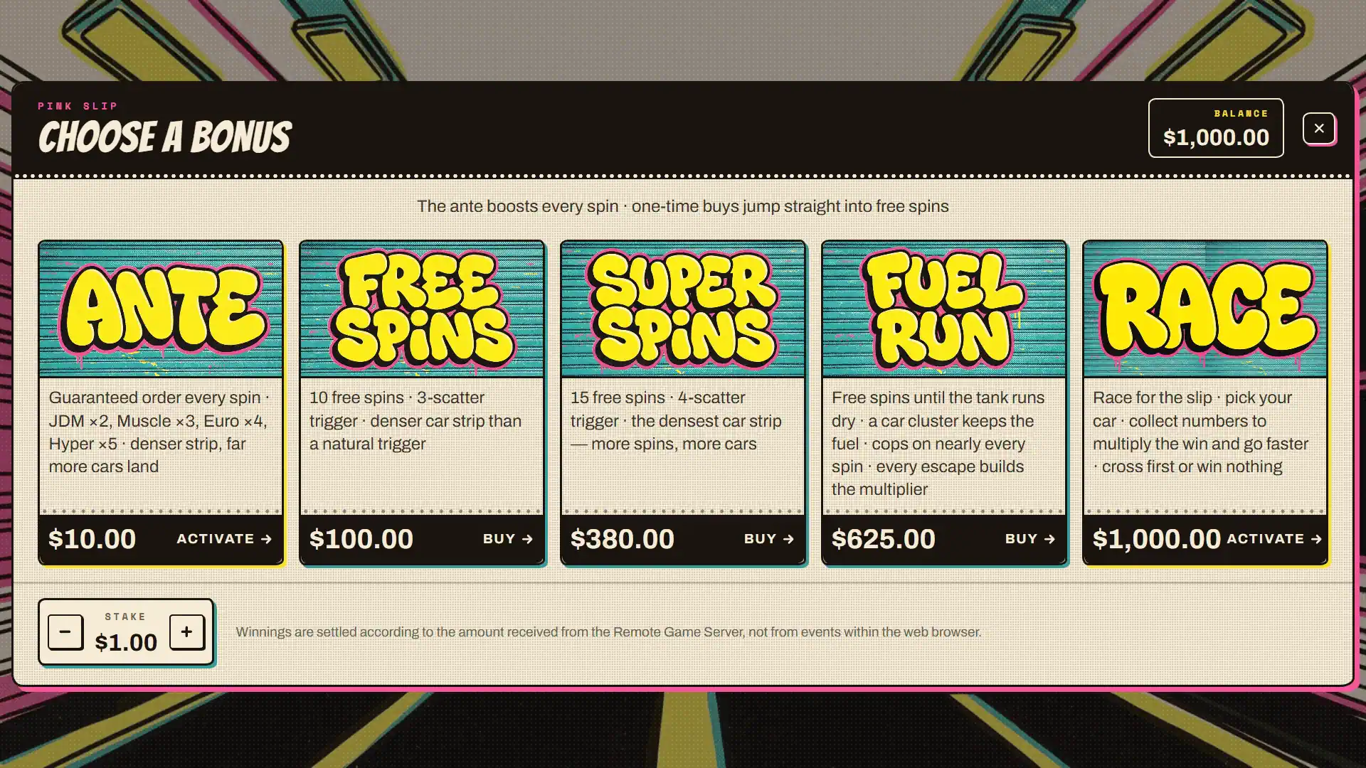 Pink Slip bonus buy menu