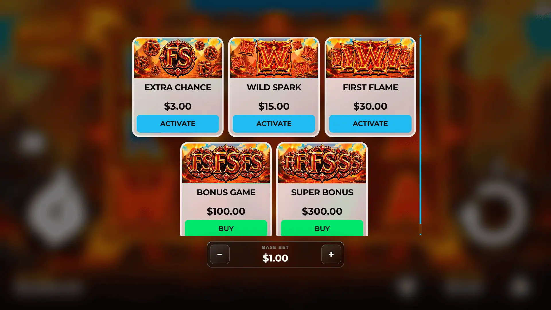 Wild Flame bonus buy menu