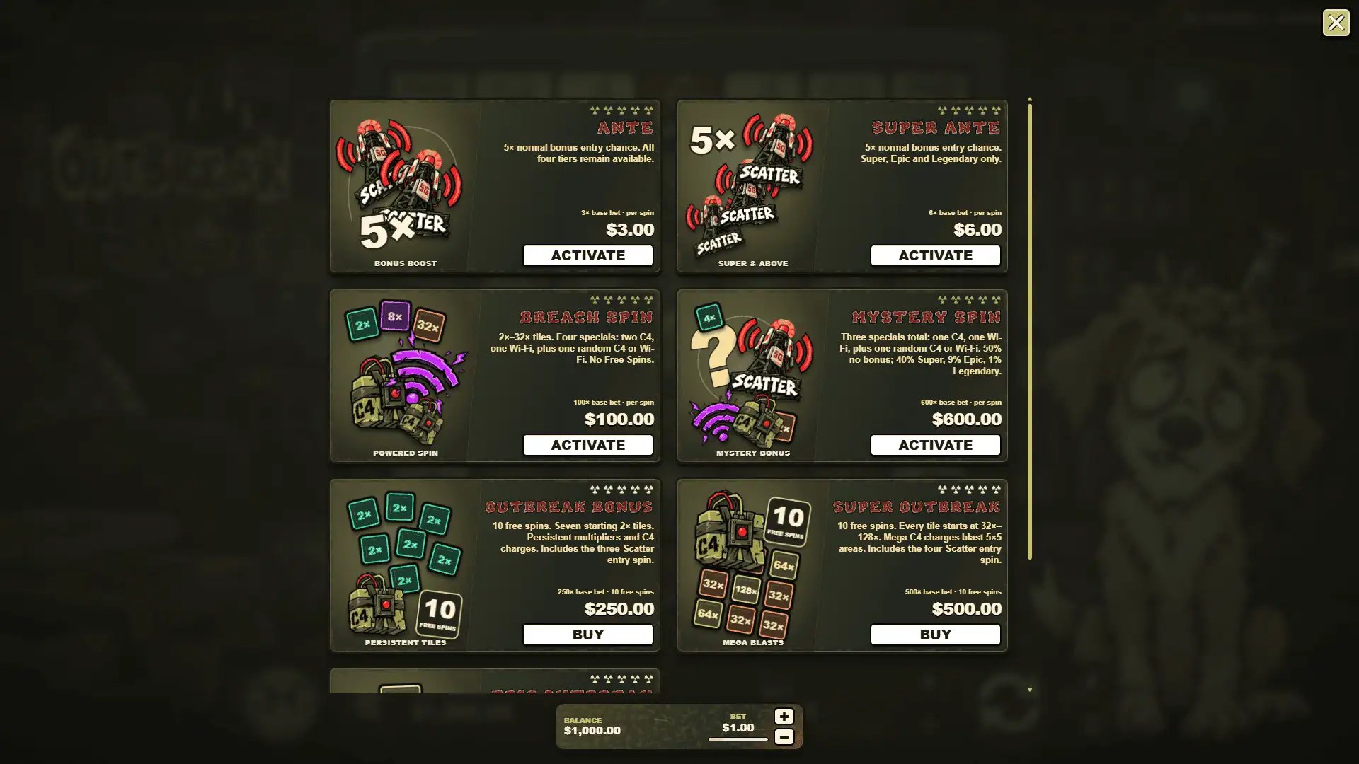 Outbreak 5G bonus buy menu