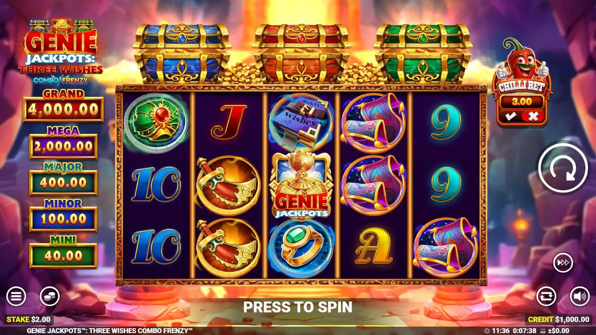 Genie Jackpots Three Wishes Combo Frenzy slot gameplay reels