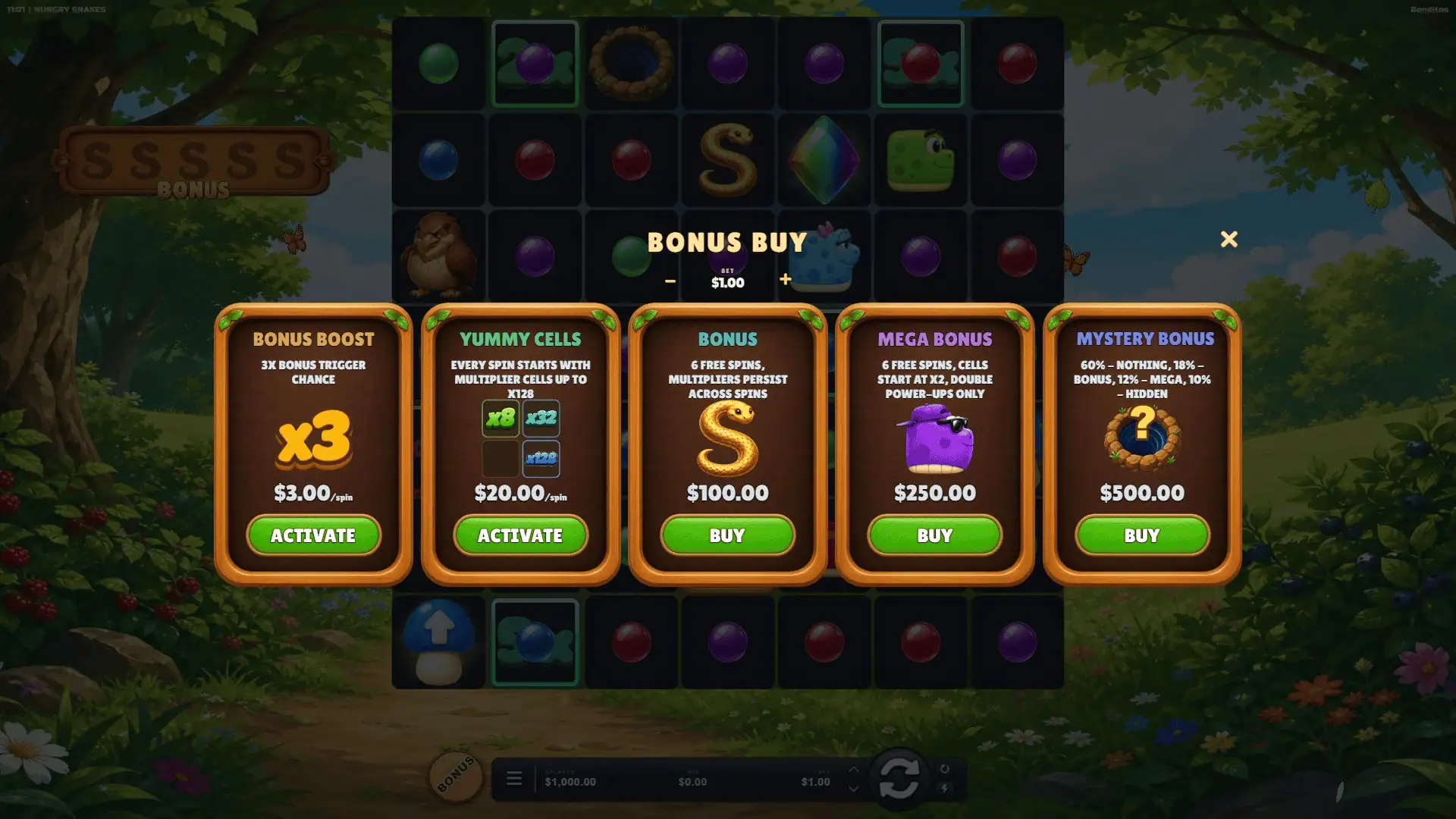 Hungry Snakes bonus buy menu