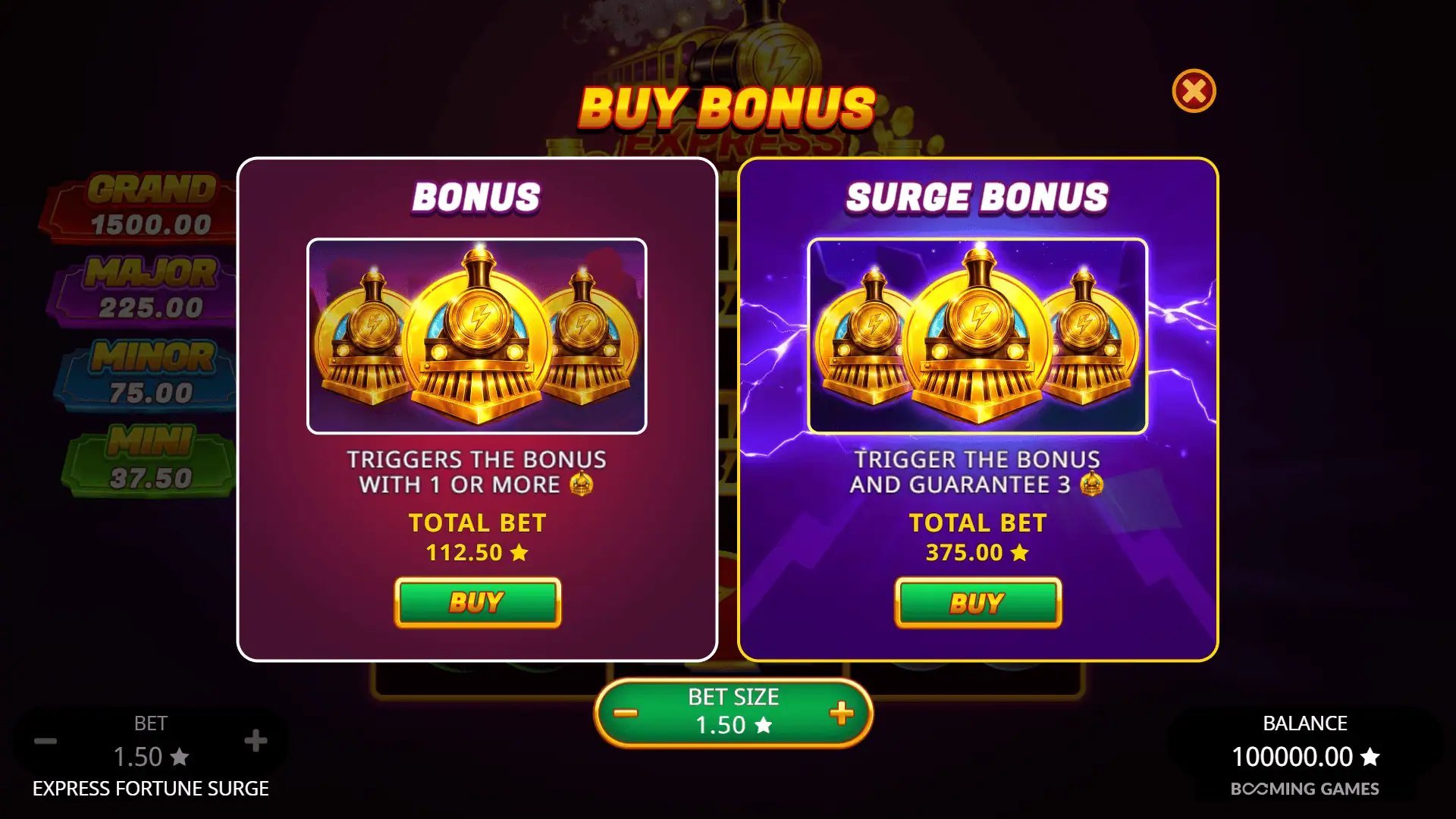 Express Fortune Surge bonus buy menu