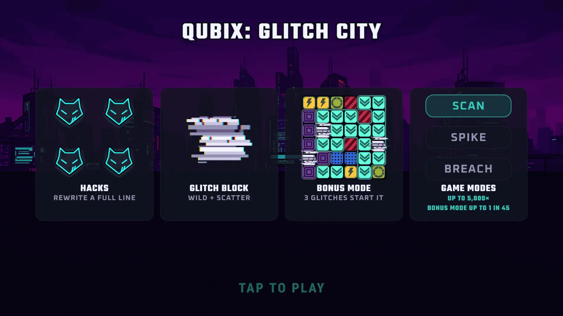 Qubix: Glitch City slot intro screen