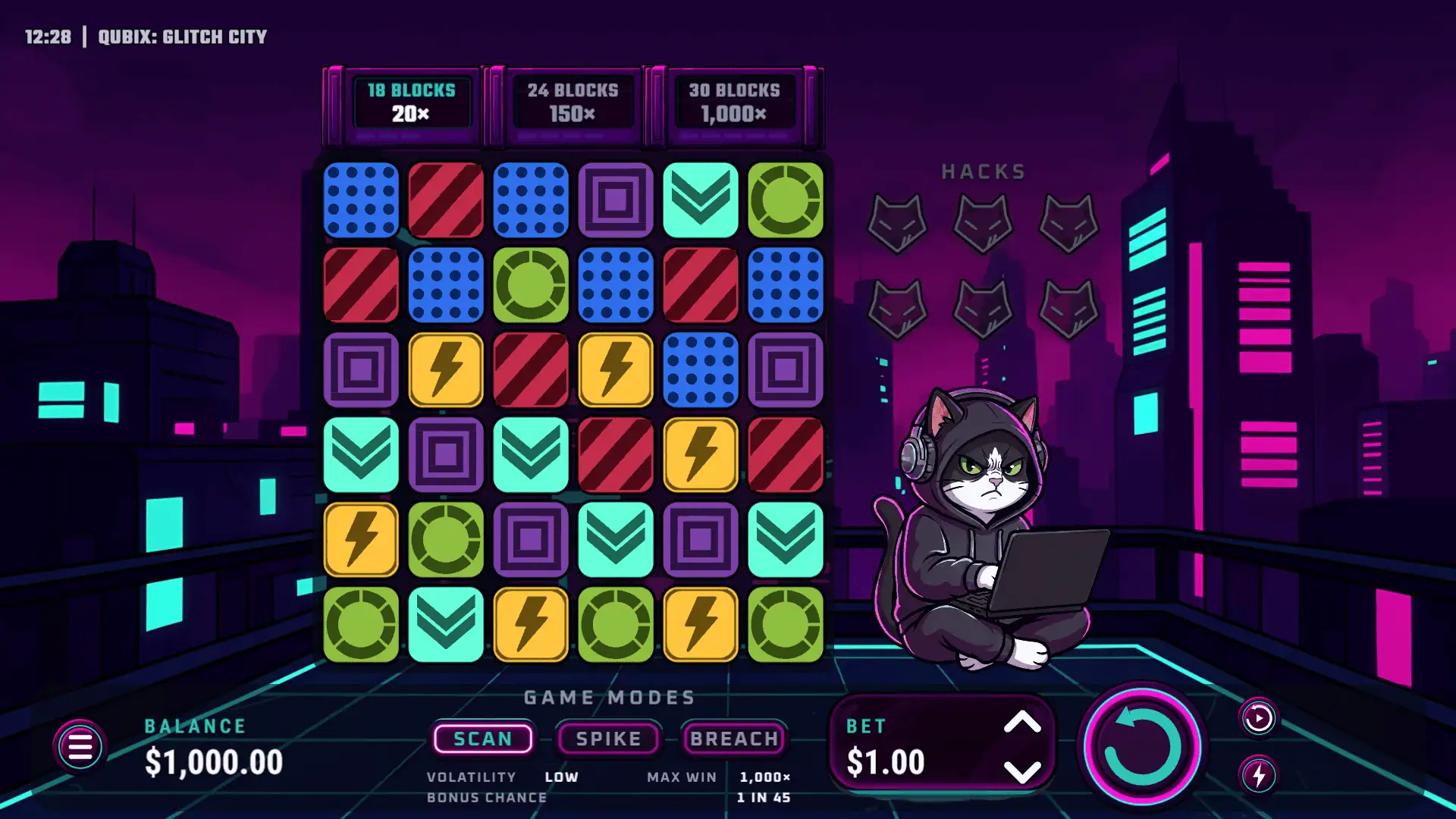 Qubix: Glitch City slot gameplay reels