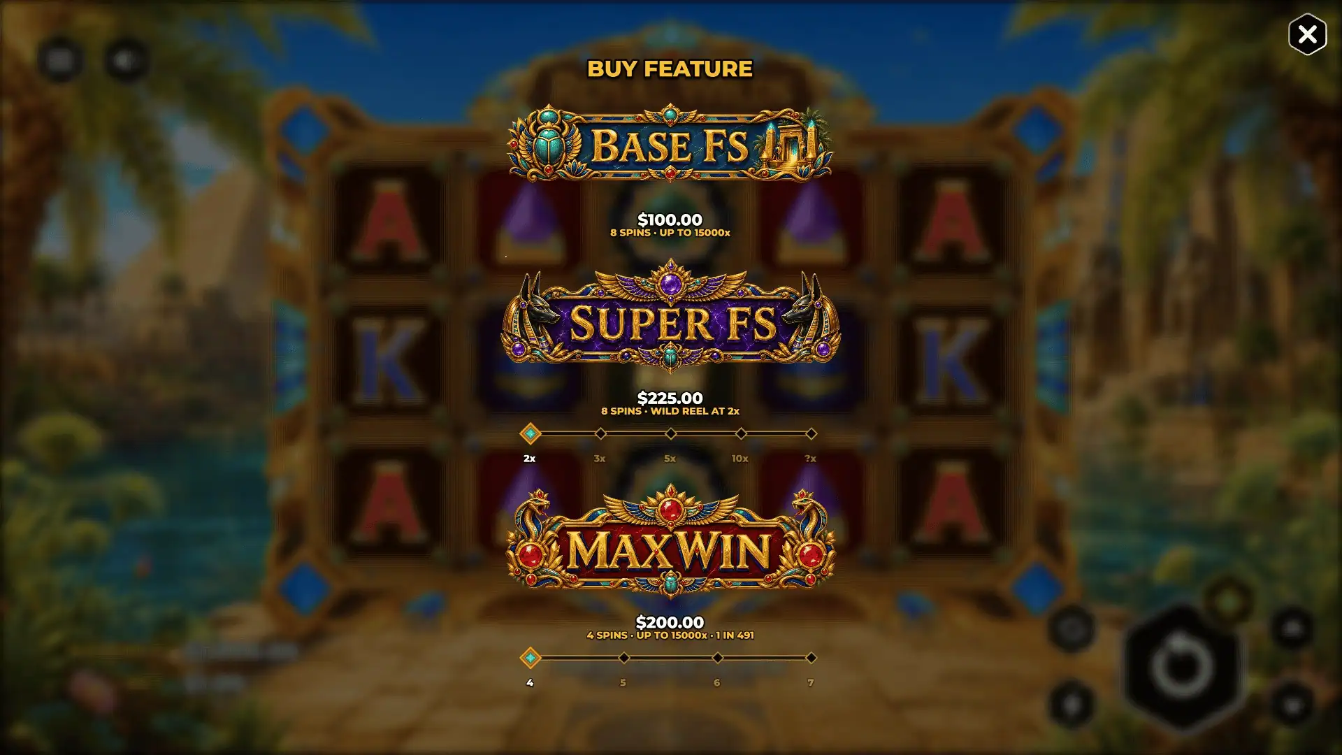 Royal Wilds: Egypt bonus buy menu