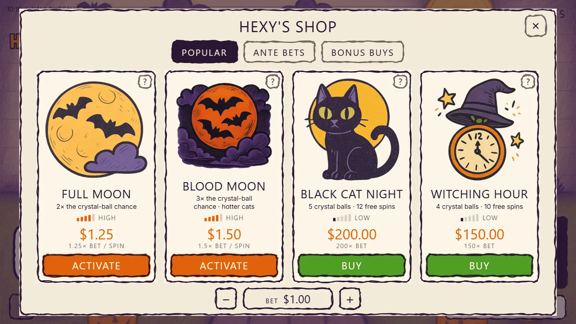 Halloween Hex bonus buy menu