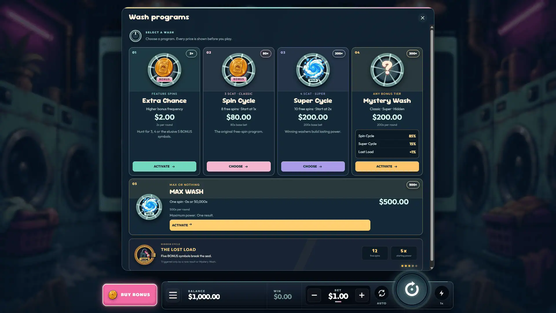 Suds & Chaos bonus buy menu