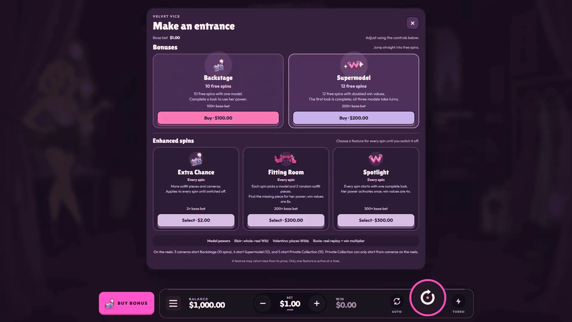 Velvet Vice bonus buy menu