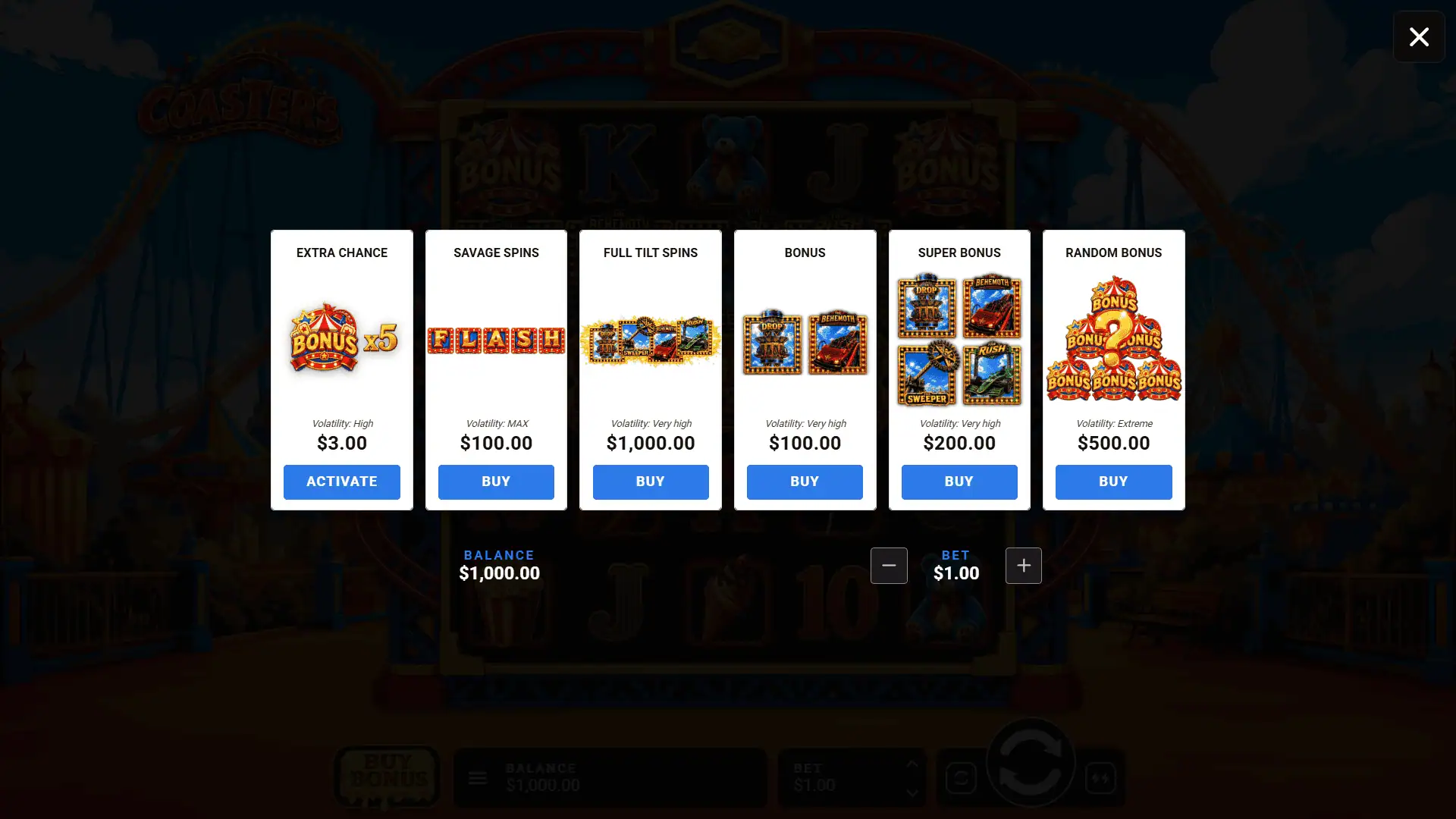 Coasters Feature Buy bonus buy menu
