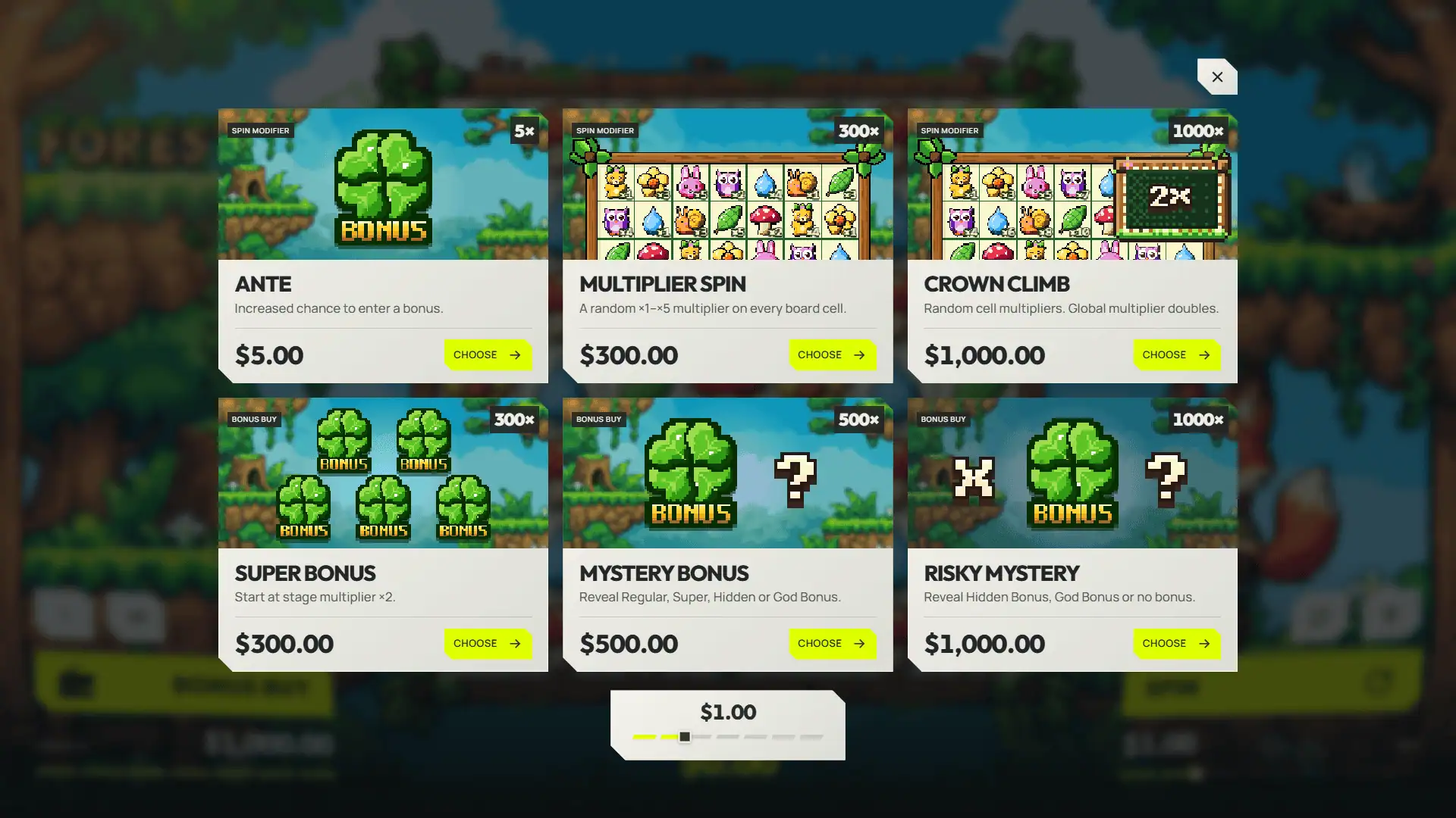 Forest Pop bonus buy menu