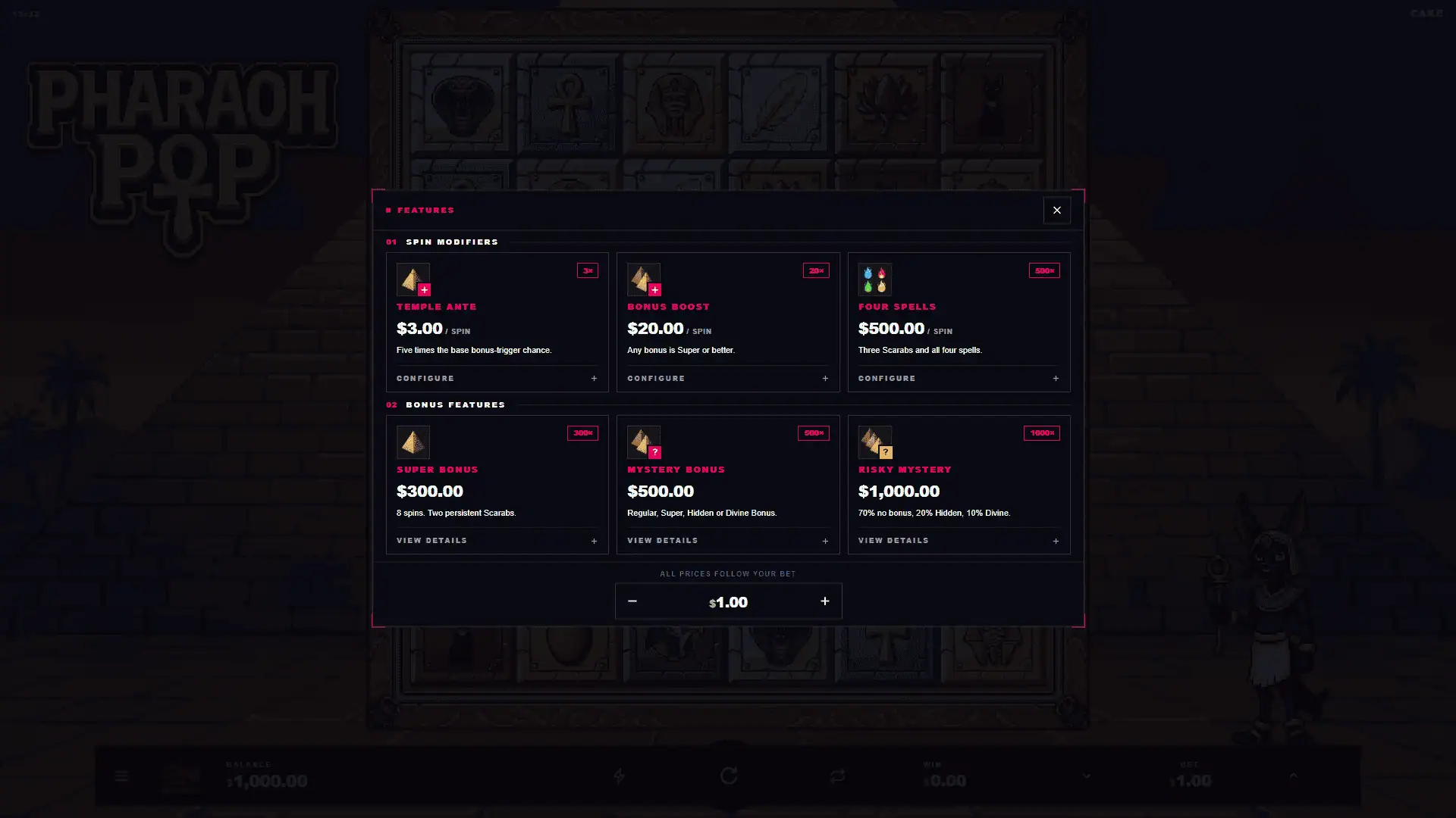 Pharaoh Pop bonus buy menu