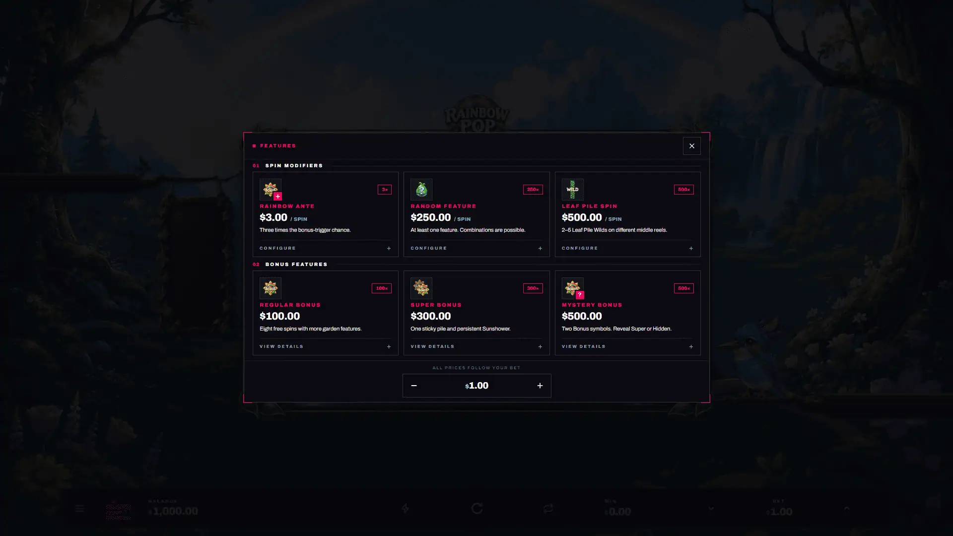 Rainbow Pop bonus buy menu