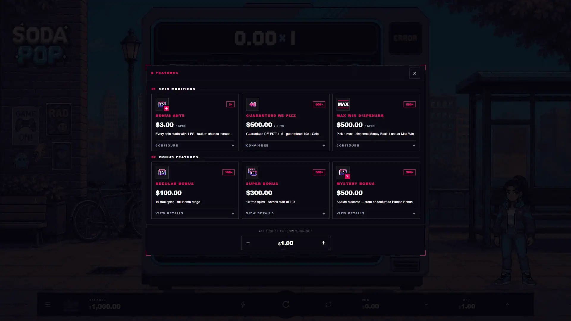 Soda Pop bonus buy menu