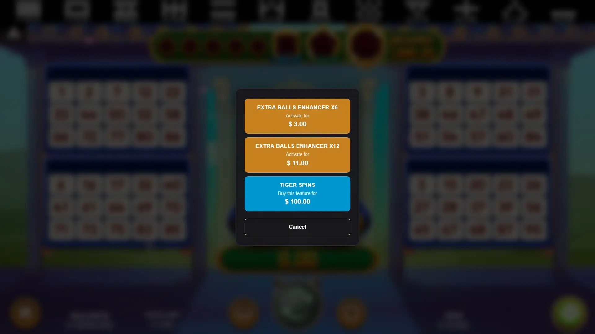Tiger Bingo bonus buy menu
