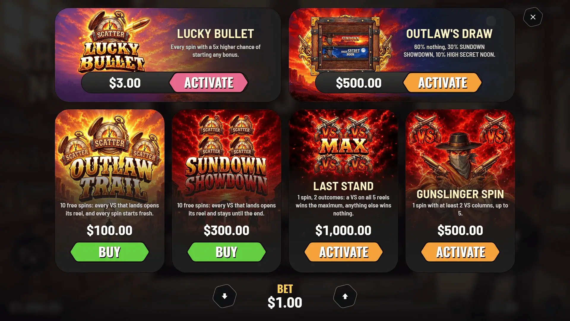 High Noon bonus buy menu