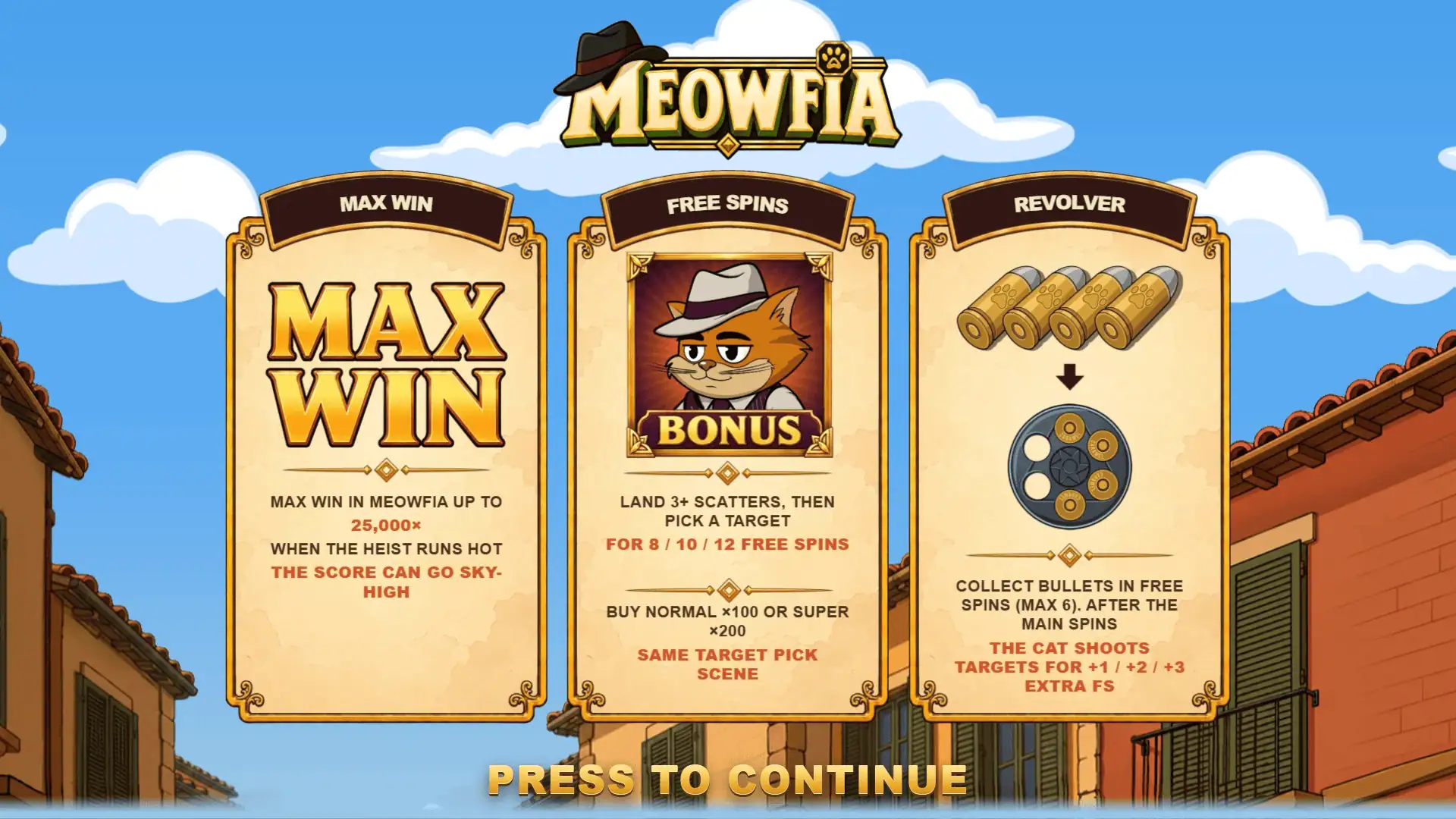 Meowfia slot intro screen