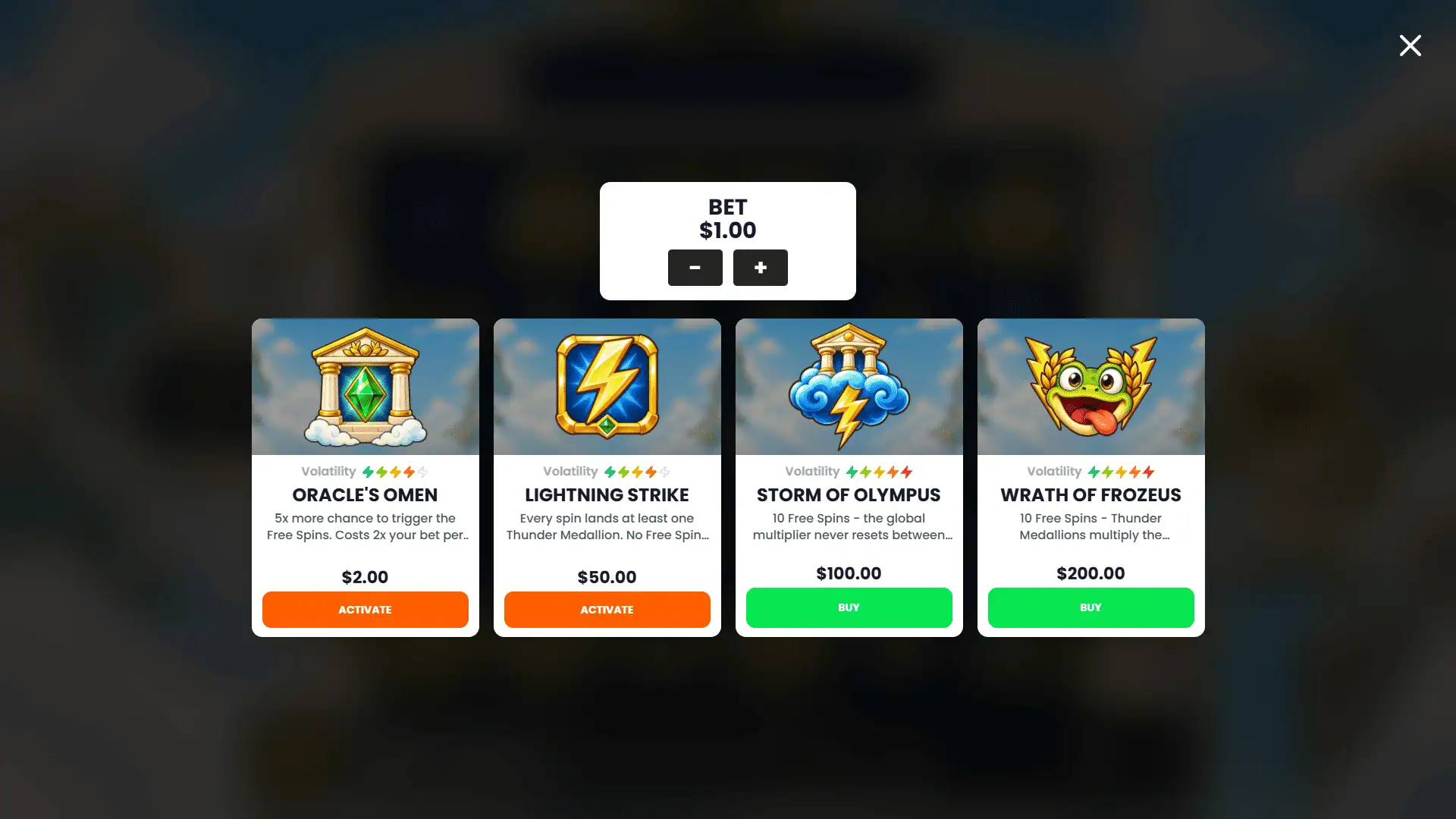 Frozeus bonus buy menu