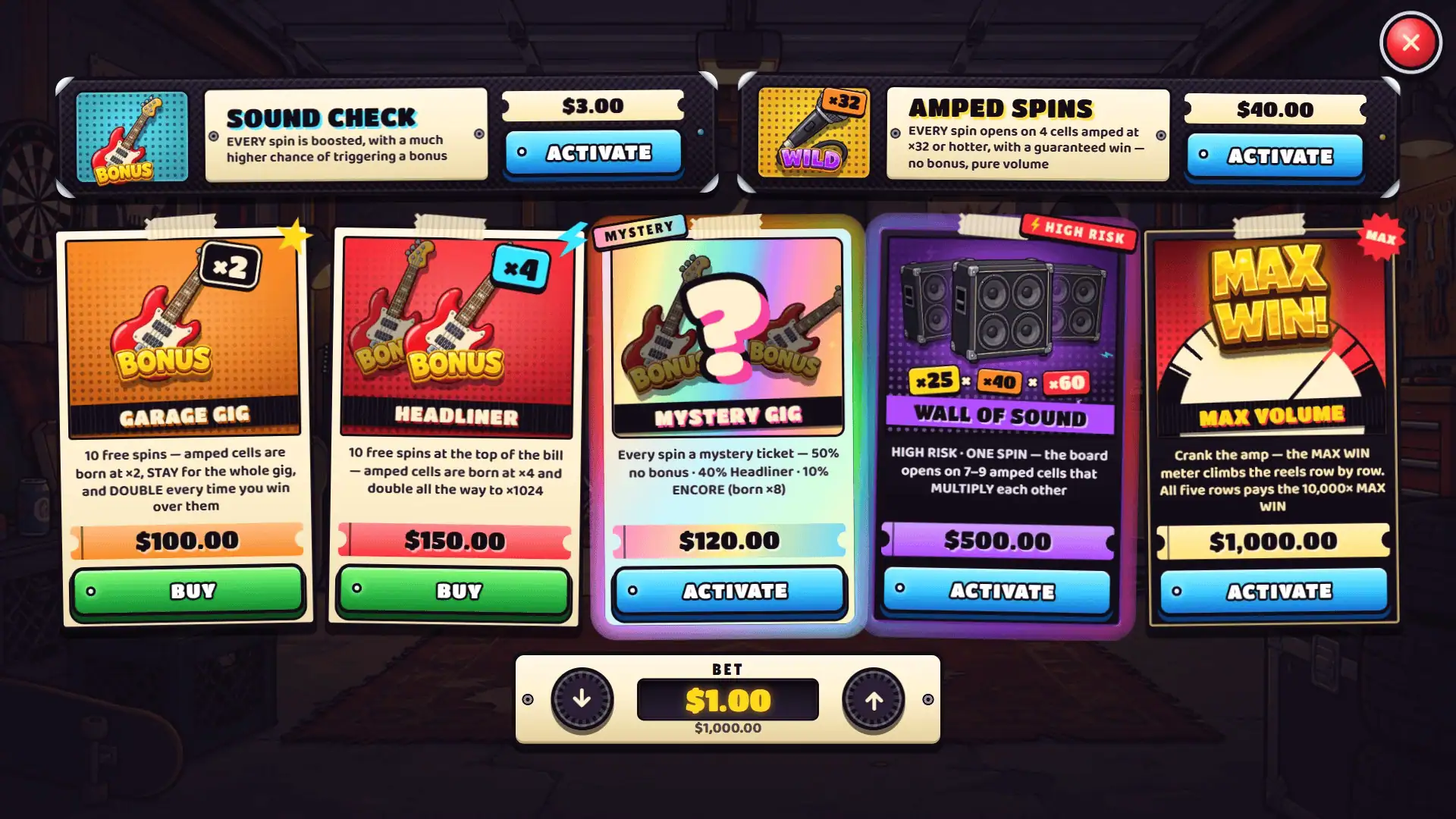 Garage Noise bonus buy menu
