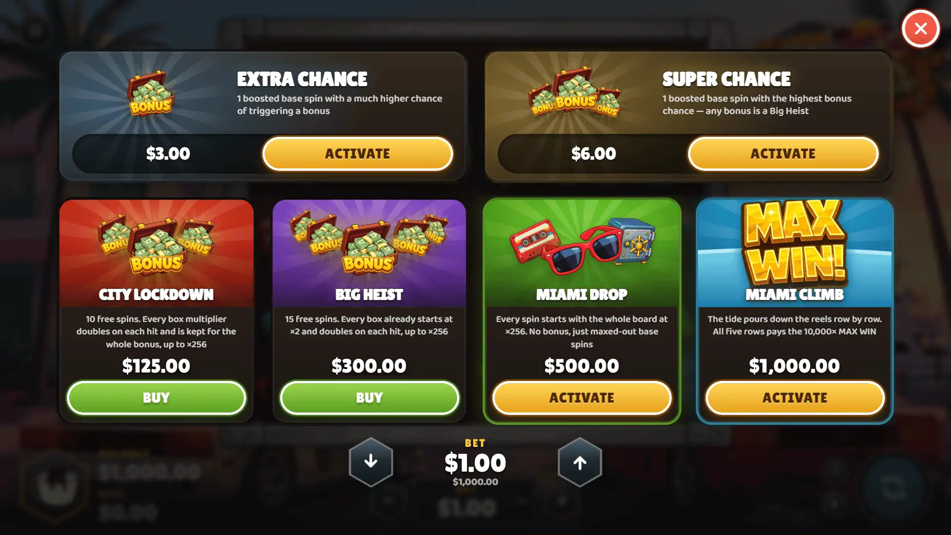 Miami Heist bonus buy menu