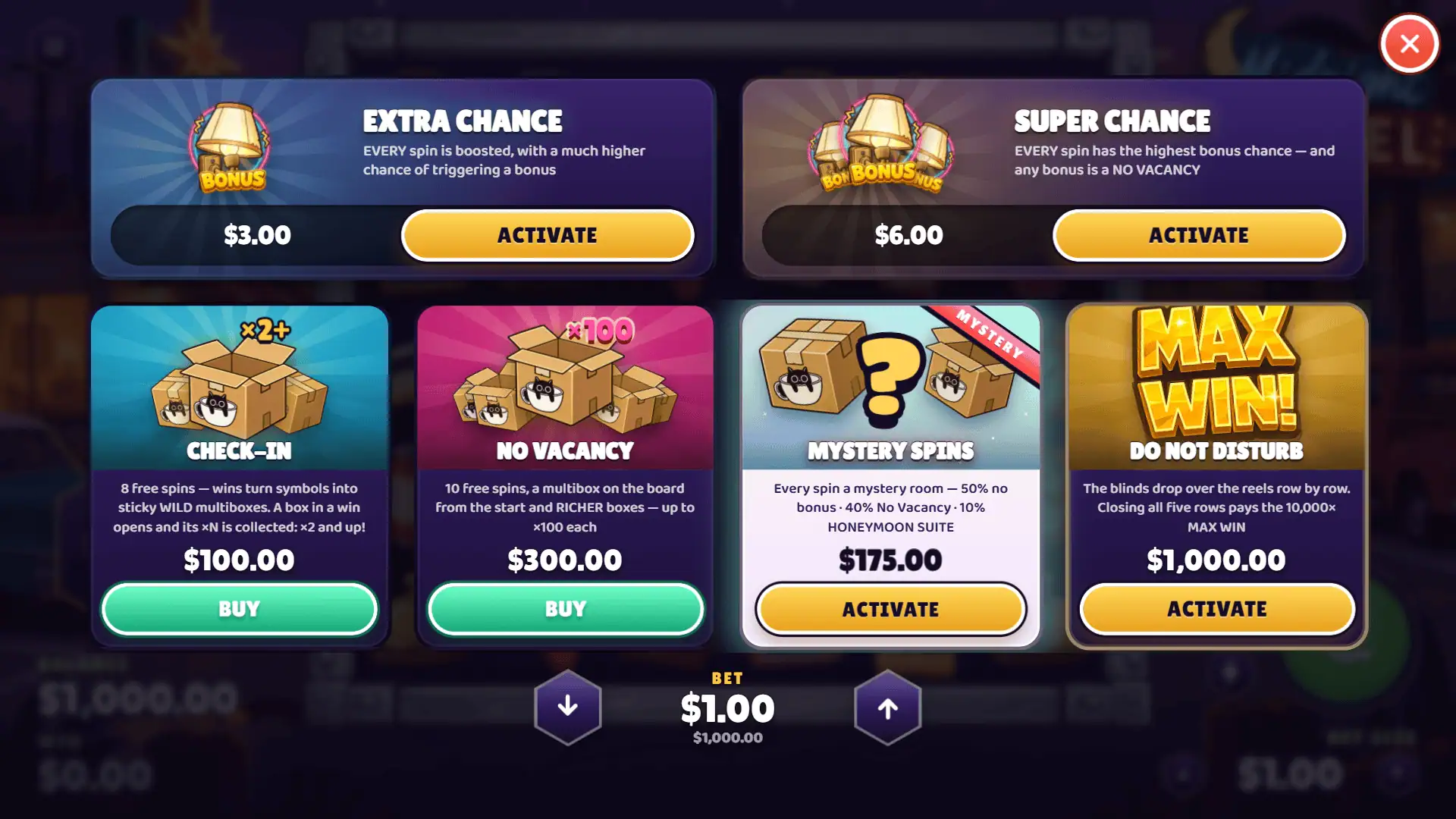 Midnight Motel bonus buy menu