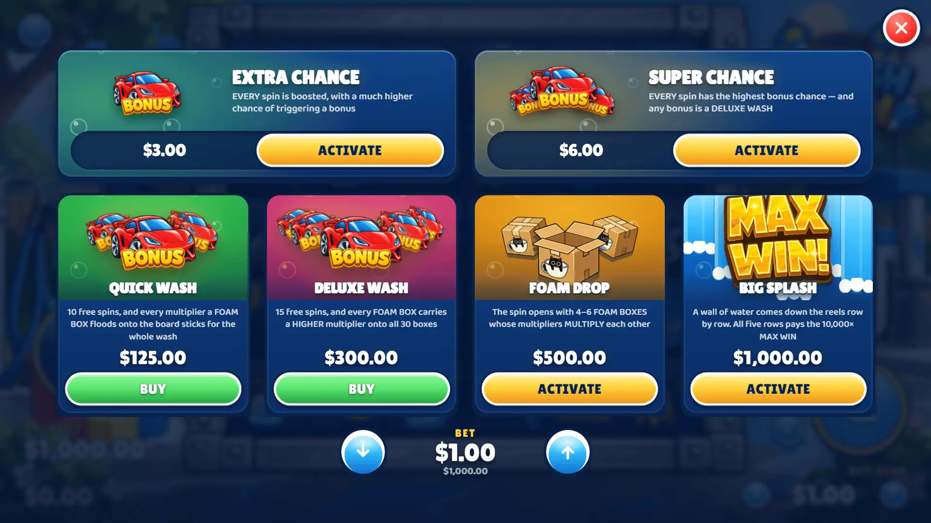 Splash Wash bonus buy menu
