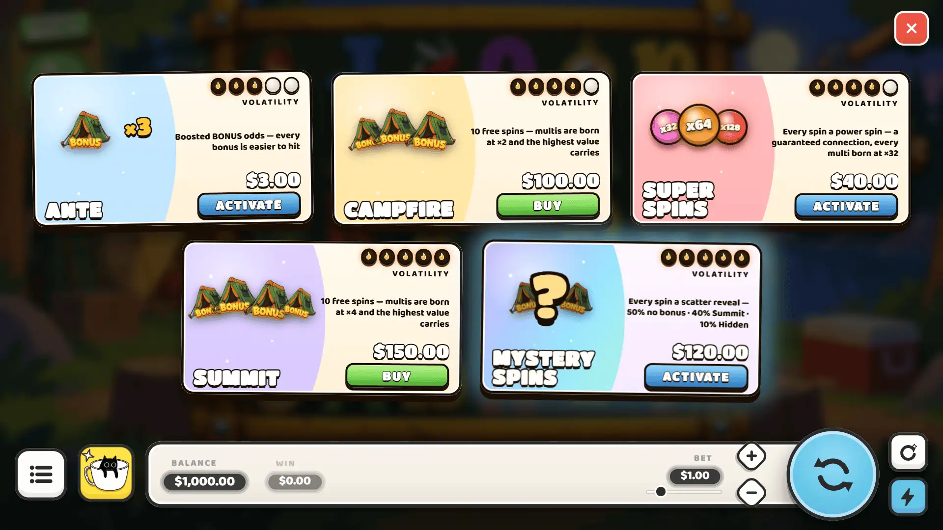 Timberline bonus buy menu