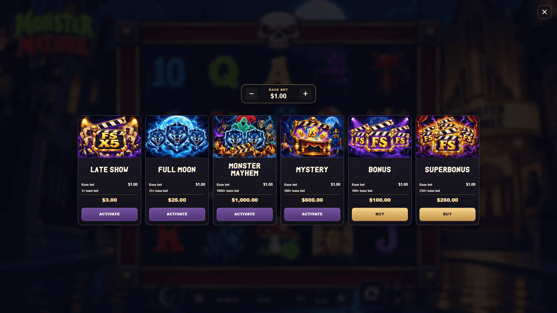 Monster Matinee bonus buy menu