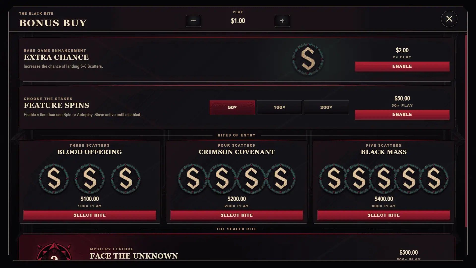 The Black Rite bonus buy menu