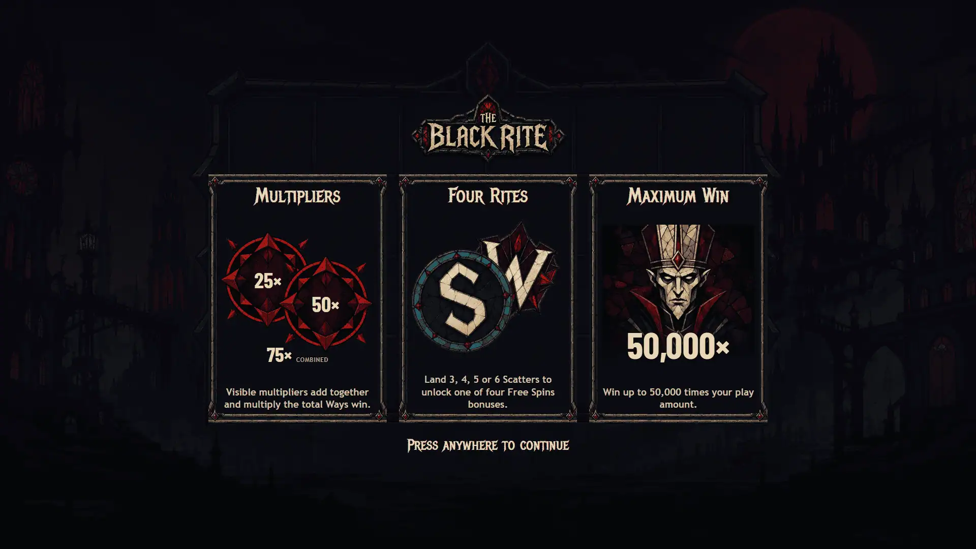 The Black Rite slot intro screen
