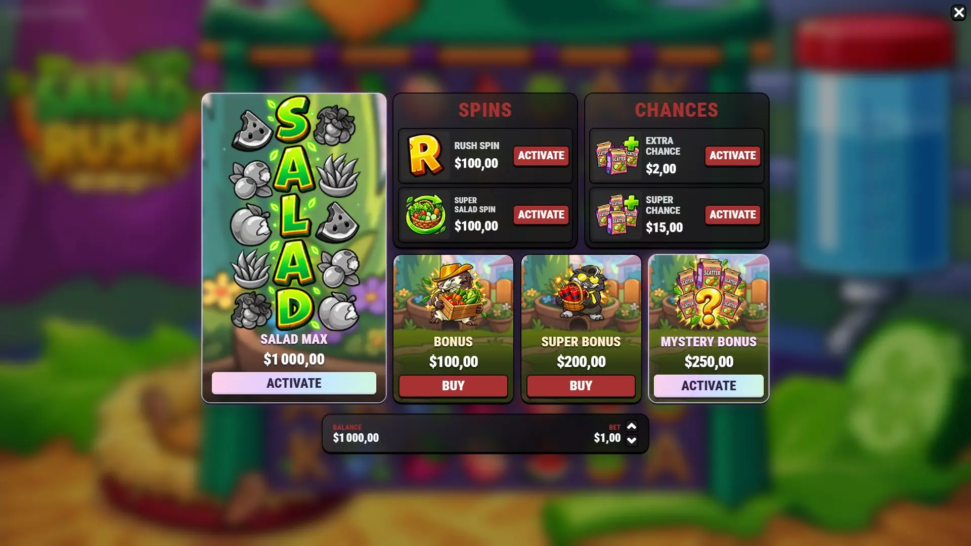 Salad Rush bonus buy menu