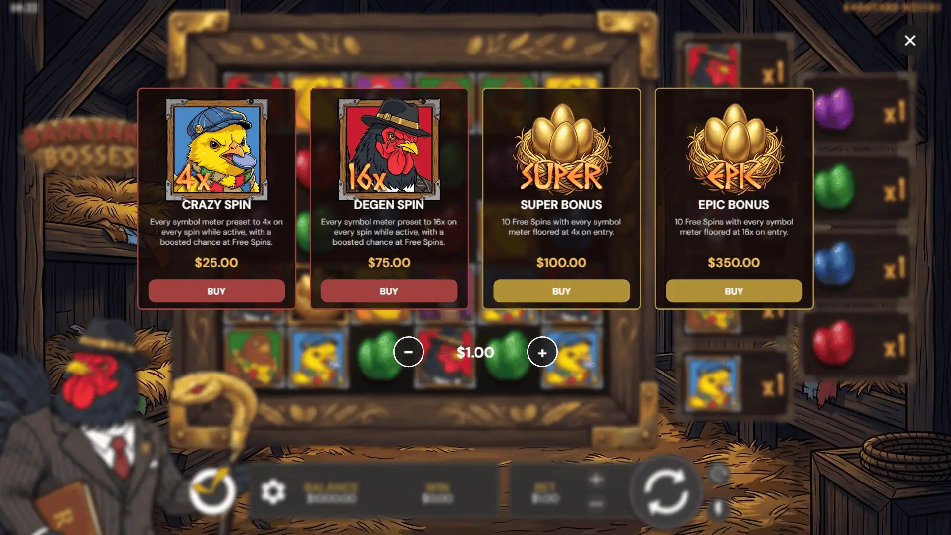 Barnyard Bosses bonus buy menu