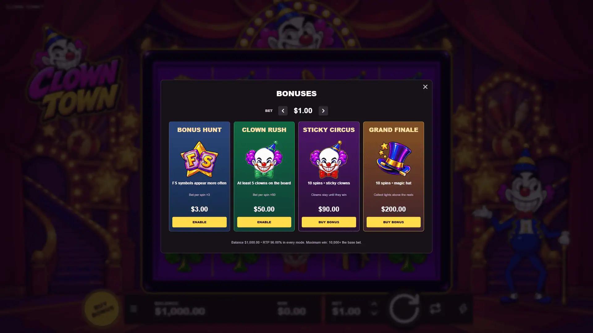 Clown Town bonus buy menu