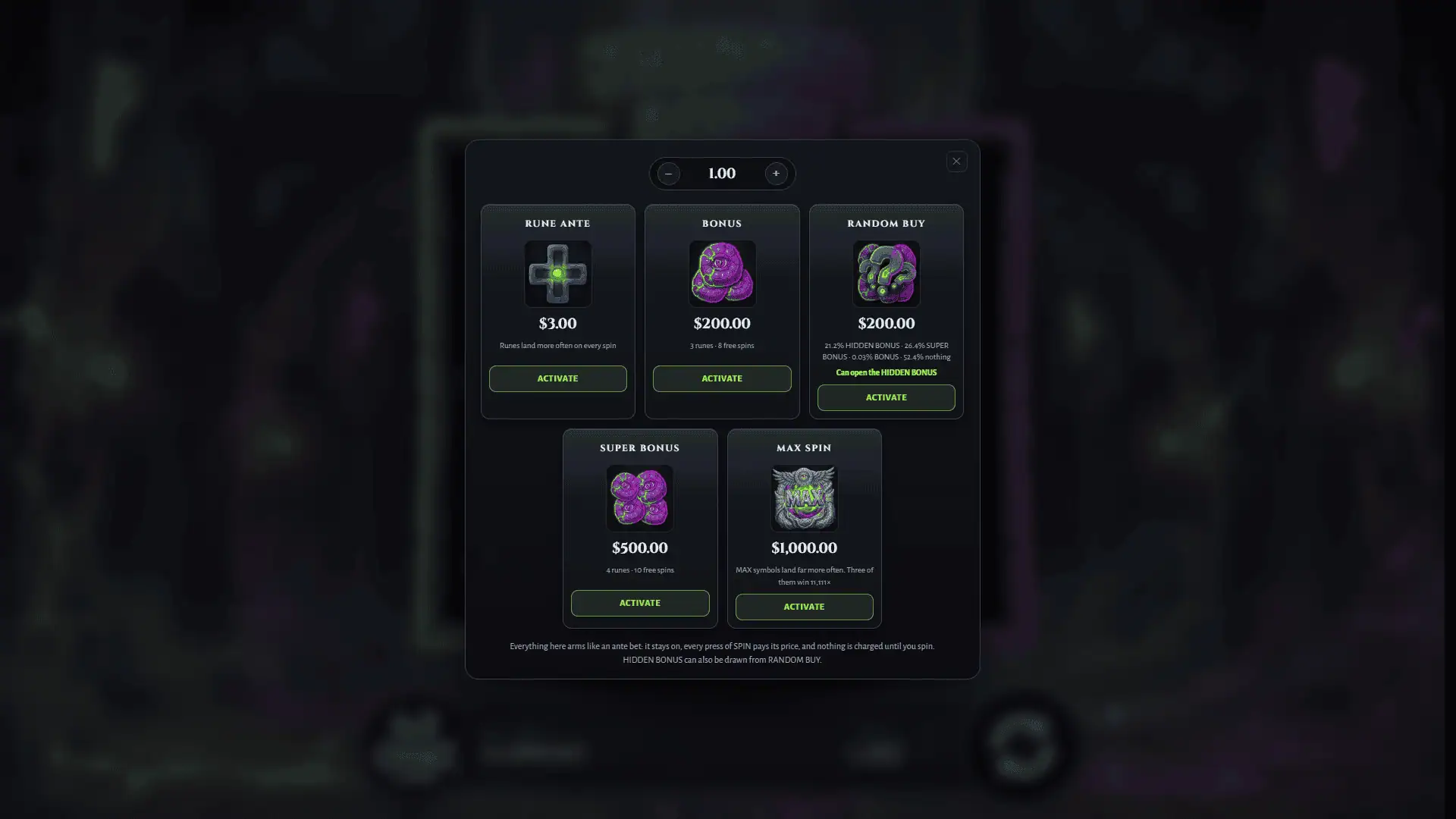Thunder Acorn bonus buy menu