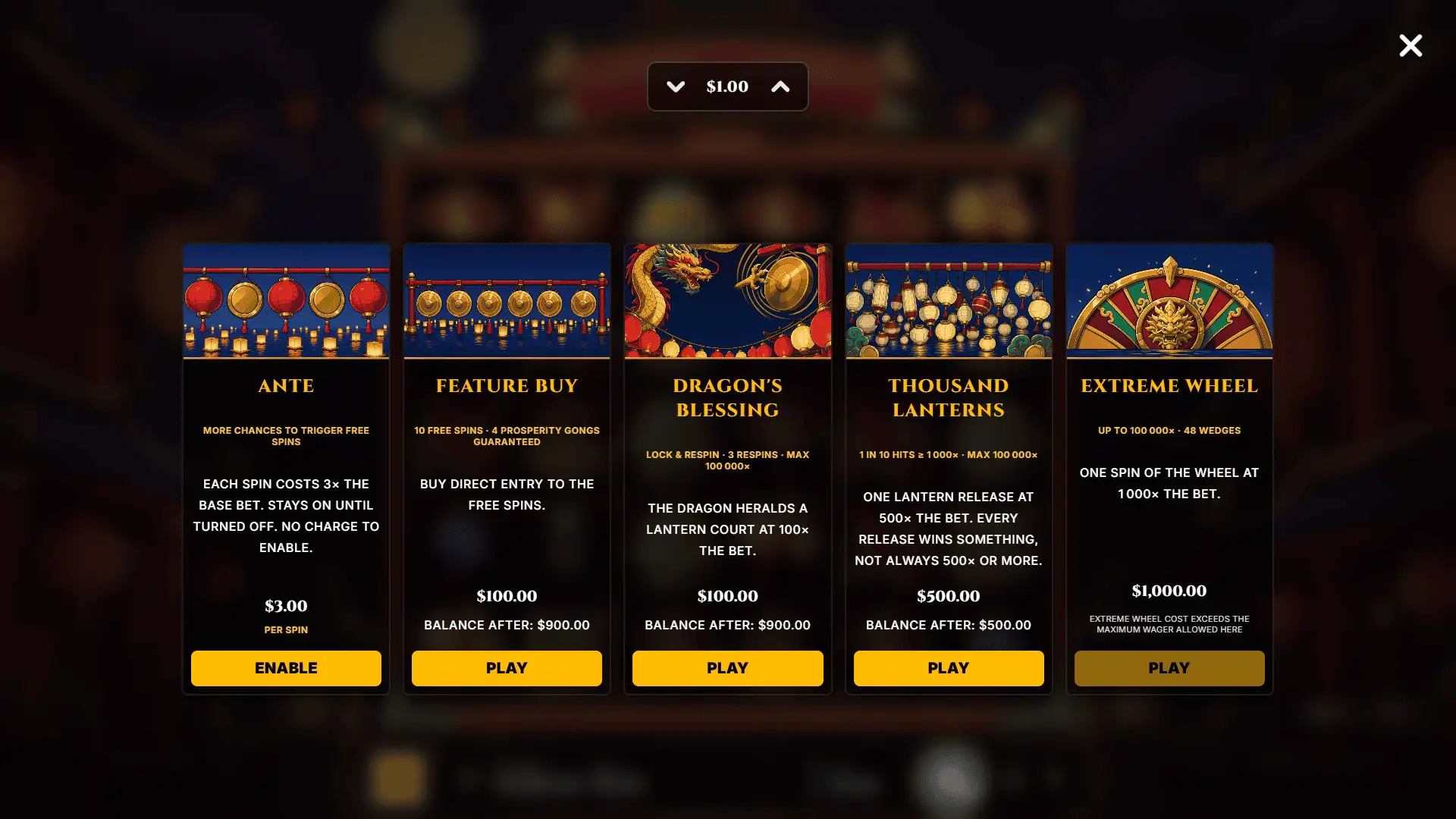 Lucky Lantern bonus buy menu