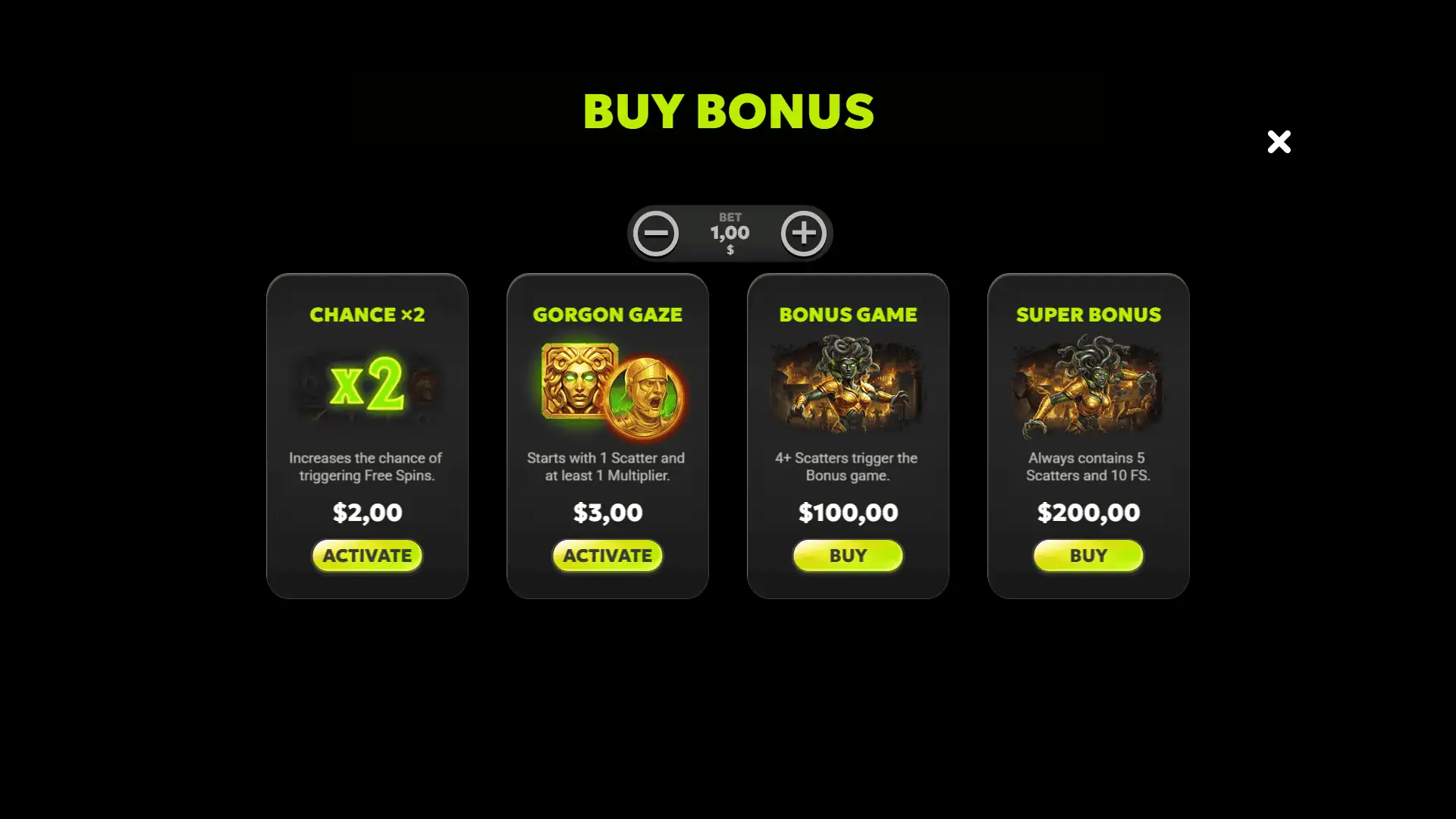 Gorgons Gold bonus buy menu
