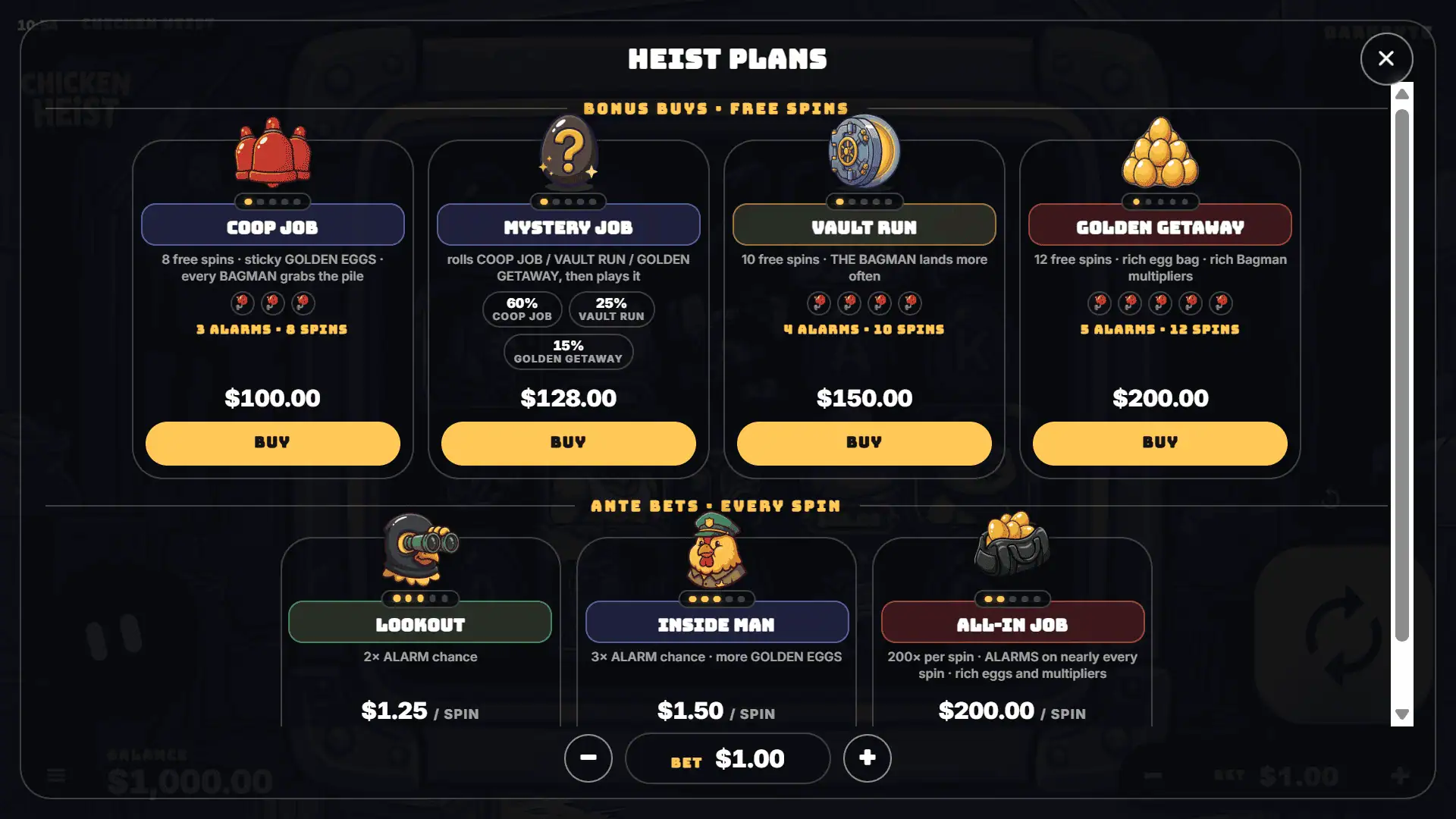 Chicken Heist bonus buy menu
