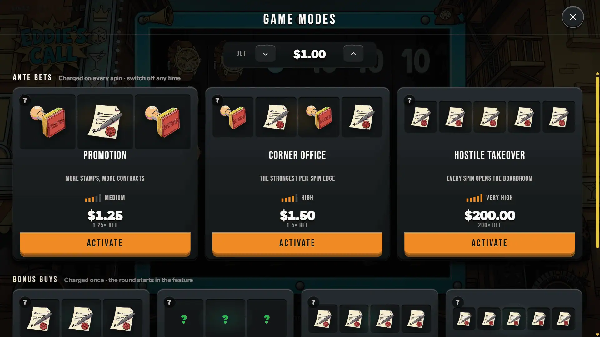 Eddie's Call bonus buy menu