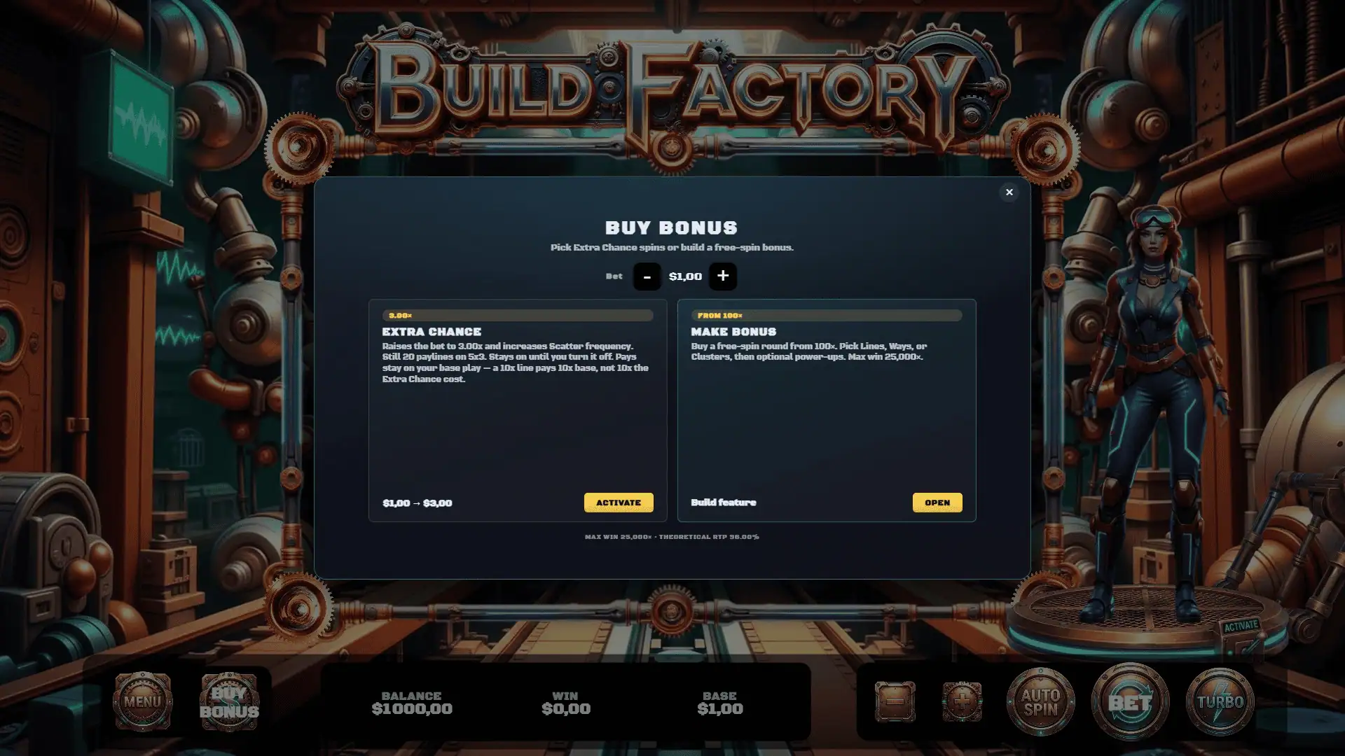 The Build Factory bonus buy menu