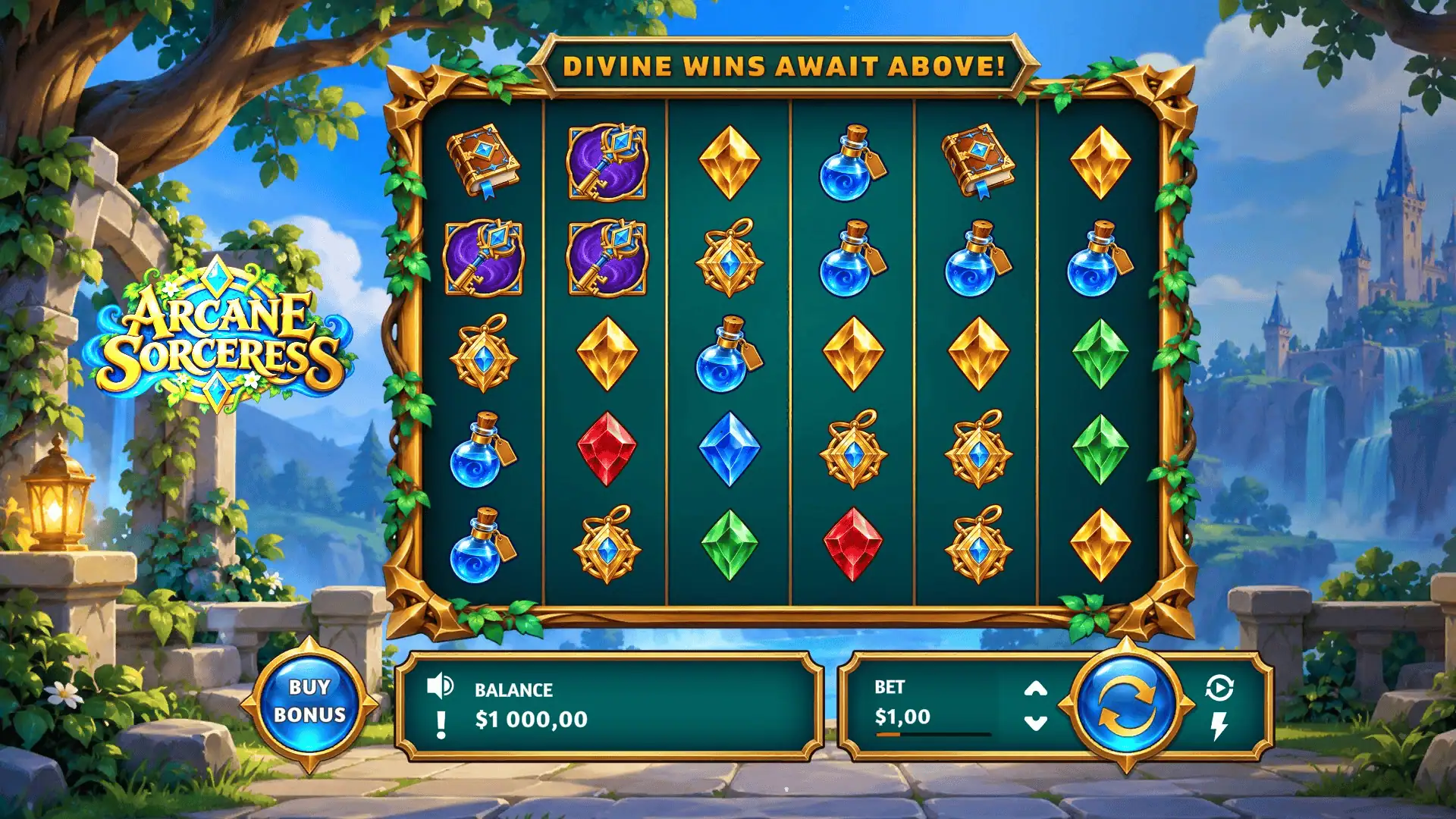 Arcana Sorceress slot gameplay reels